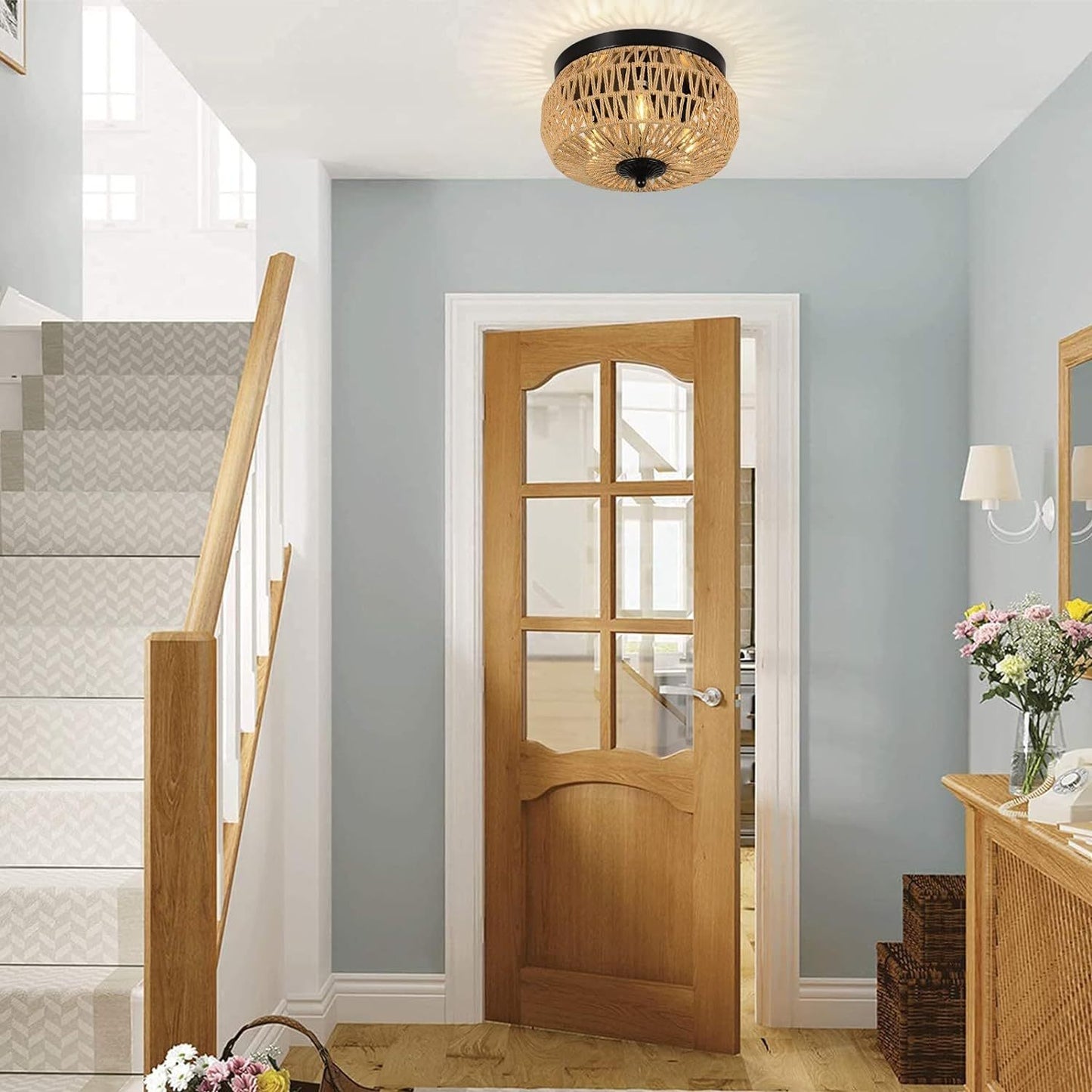 3 Lamp Woven Rattan Recessed Chandelier Lamp Fixture With Handmade Cage Lampshade For Bedroom, Kitchen, Hallway, Porch