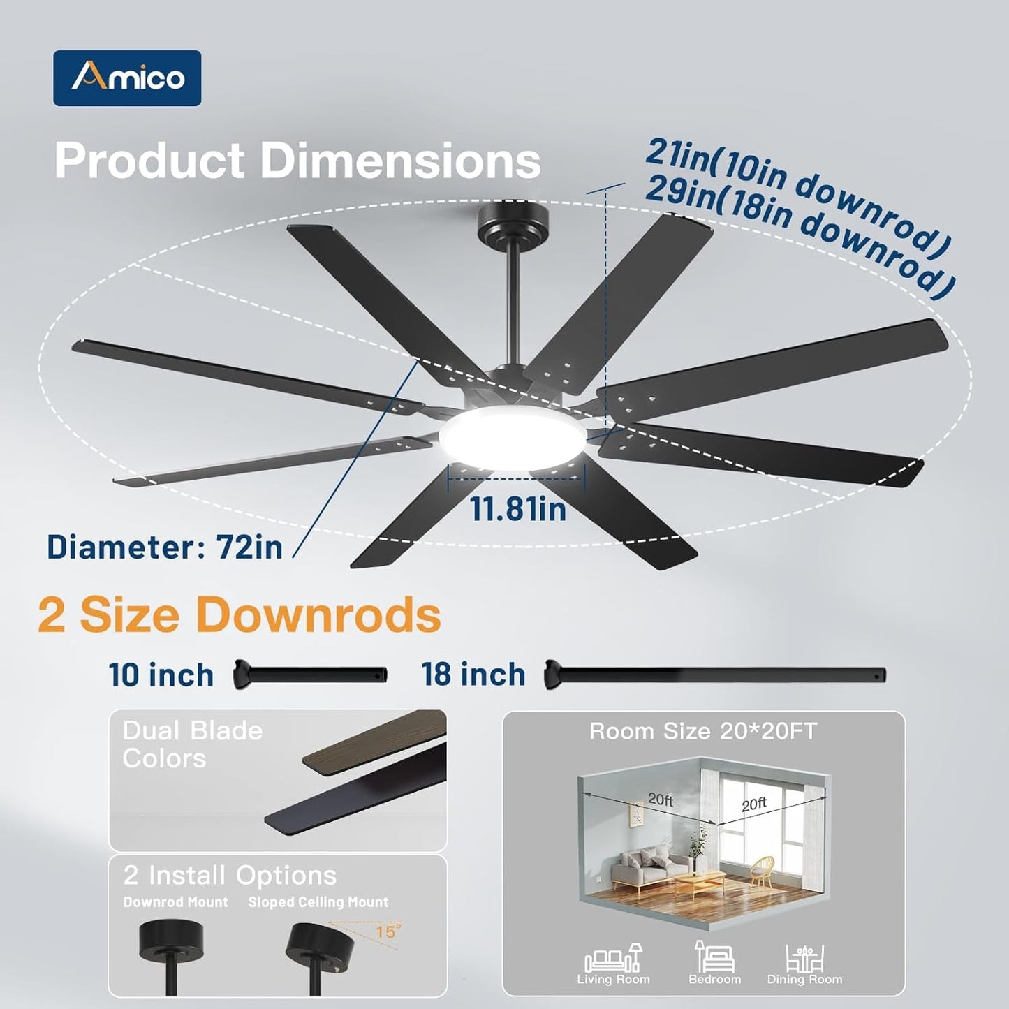72 Inch Ceiling Fan Dimmable Lighting Remote Control-4