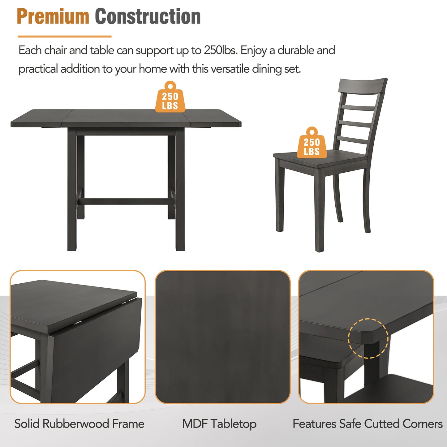 TOPMAX 5-piece square wooden pendant light expandable dining table set with 4 ladder back chairs Gray