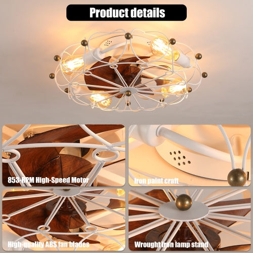 Low Profile Cage Ceiling Fan With Light Remote Control, Built-in Modern Industrial Ceiling Fan