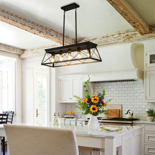 5 Lamps Farmhouse Chandelier For Dining Room, Metal Rustic Chandelier Island Lamp, Modern Rectangular Island Lamp For Kitchen, Living Room Pure Black - No Bulbs