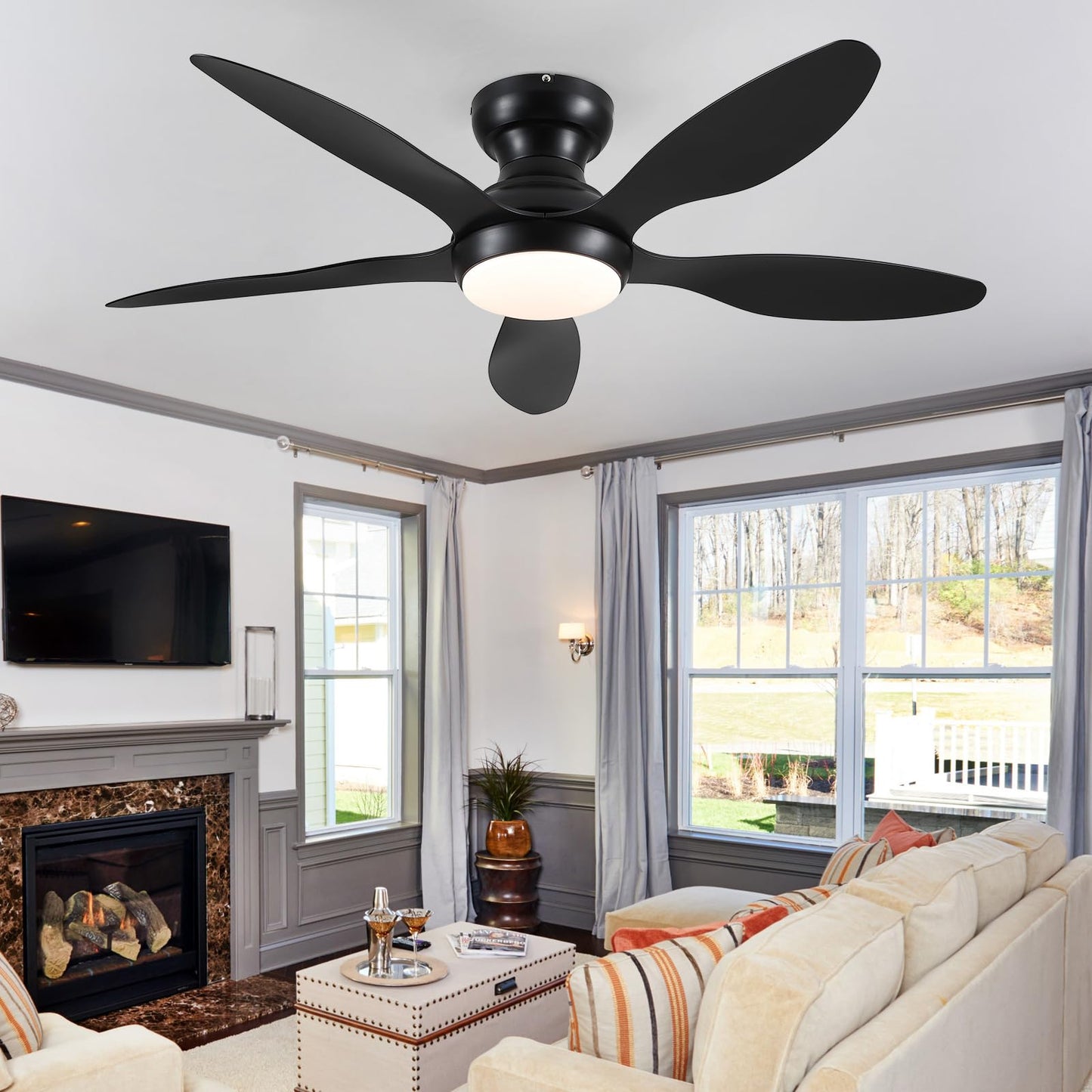 Ceiling Fans with Lights, 51 inch Modern Black Low Profile Ceiling Fan with Light and Remote App Control, Flush Mount, Quiet DC Reversible, Dim Led Ceiling Fan 6 Blade Softer Wind Indoor/Outdoor Patio