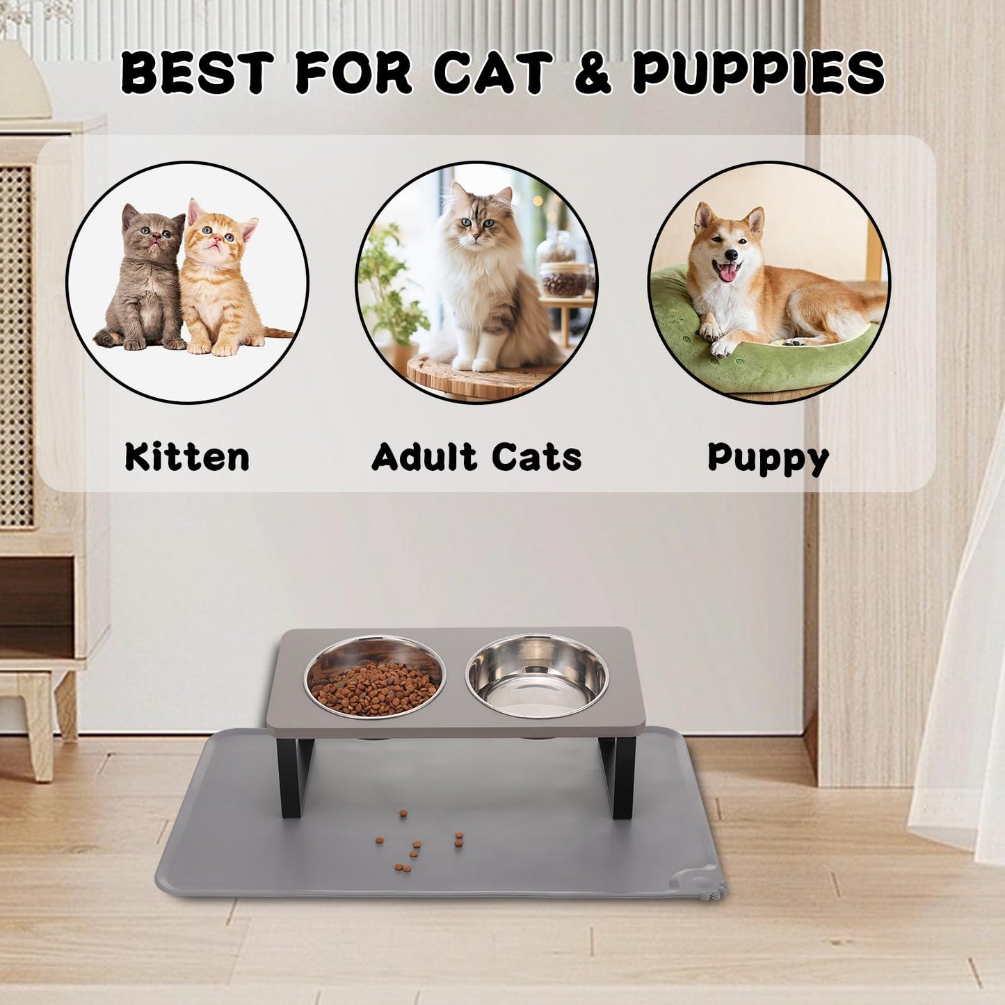 Upgraded Elevated Cat Bowls with Food Mat,15°Tilted Stand Anti Vomiting Raised Cat Dishes for Food and Water,2 Stainless Steel Bowls for Cats and Puppy