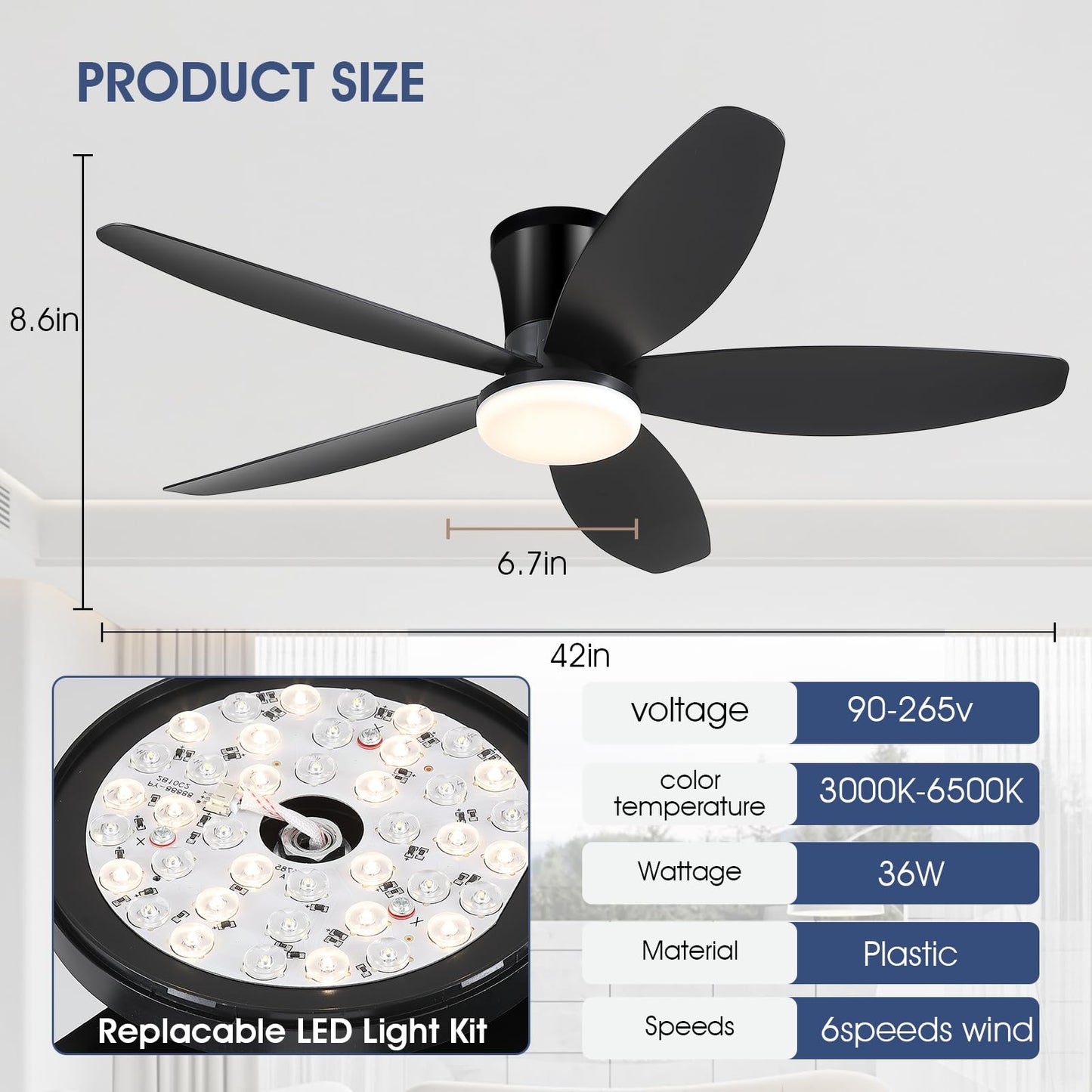 Ceiling Fans with Lights-36 Low Profile Ceiling Fan with Light and Remote/APP Control,Flush Mount,DC Reversible,LED Dimmable Blakc Ceiling Fans for Bedroom,Indoor/Outdoor Patio Use