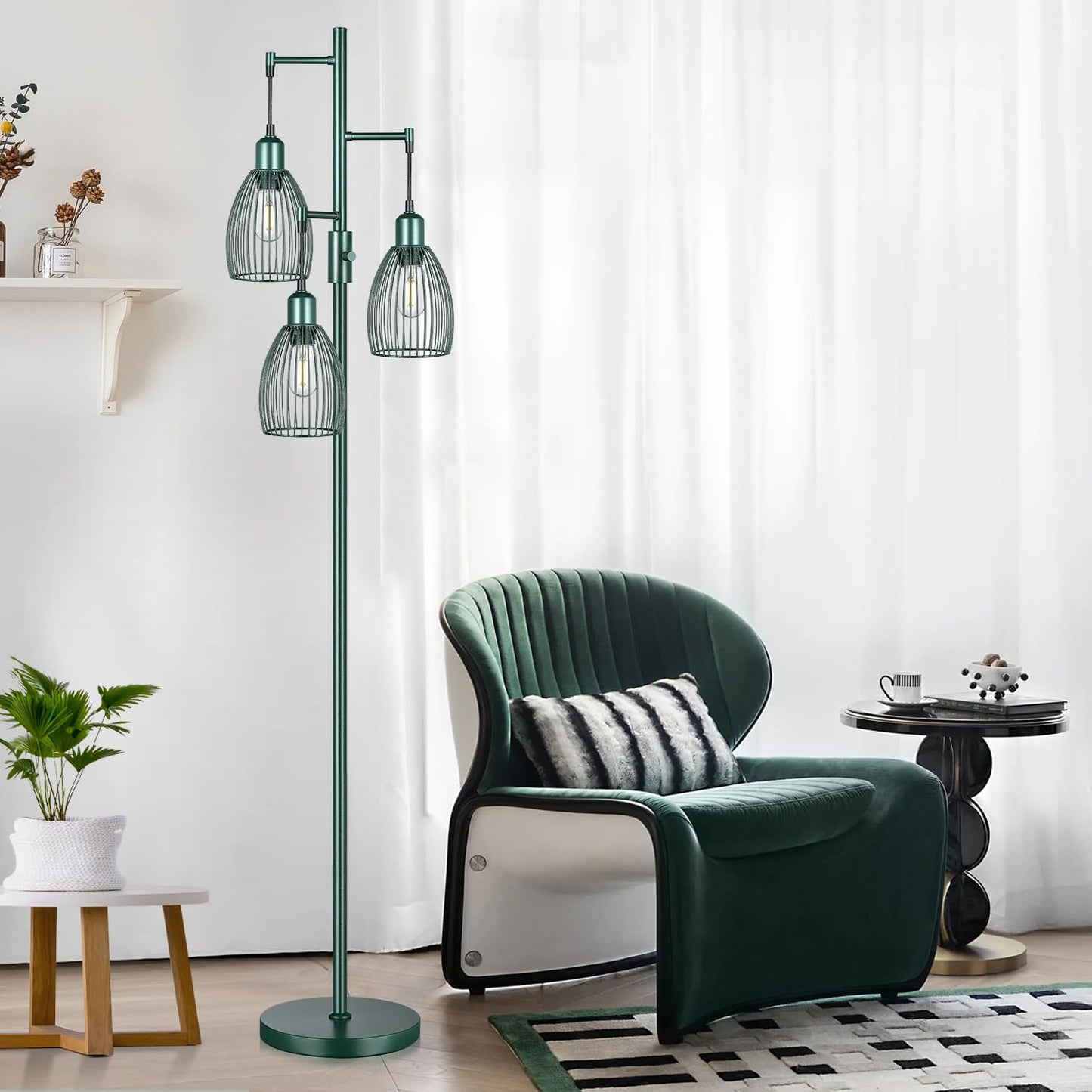 Dimmable Industrial Floor Lamps for Living Room, Gold Tree Standing Tall Lamps with 3 Elegant Teardrop Cage Head & 800 Lumens LED Bulbs for Bedroom Office