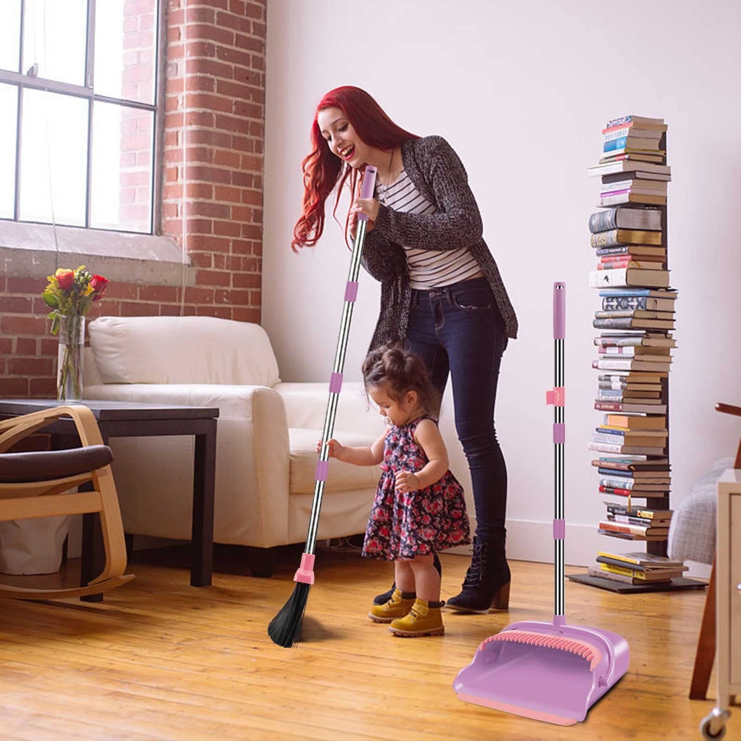 kelamayi Upgrade Broom and Dustpan Set, Self-Cleaning with Dustpan Teeth, Indoor&Outdoor Sweeping, Ideal for Dog Cat Pets Home Use, Stand Up Broom and Dustpan (Gray&Orange)