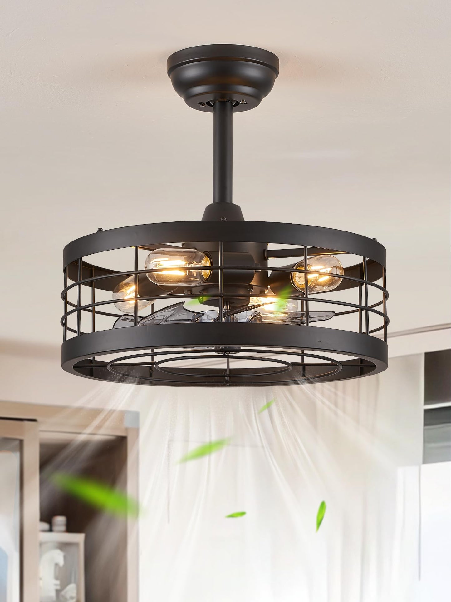 LEDIARY 16.5 inch Black Caged Ceiling Fan with Light, Fandelier Industrial Ceiling Fan with Remote, Farmhouse Fan Lights Ceiling Fixtures for Kitchen, Bedroom, Outdoor(6 Speed, Timing)-Black