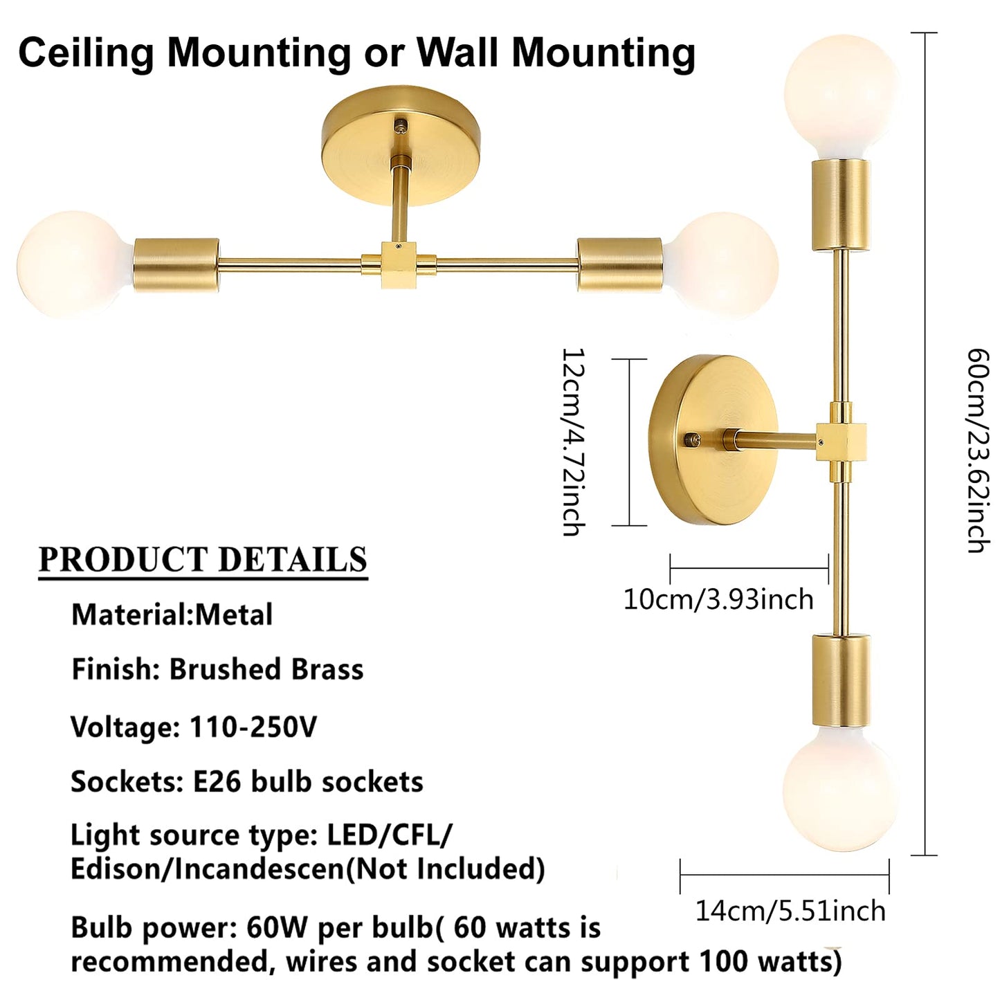 2 Lights Bathroom Wall Sconce Vanity Modern Industrial Wall Lamp Pole Wall Mount Lighting Fixture(Gold/Black Color)