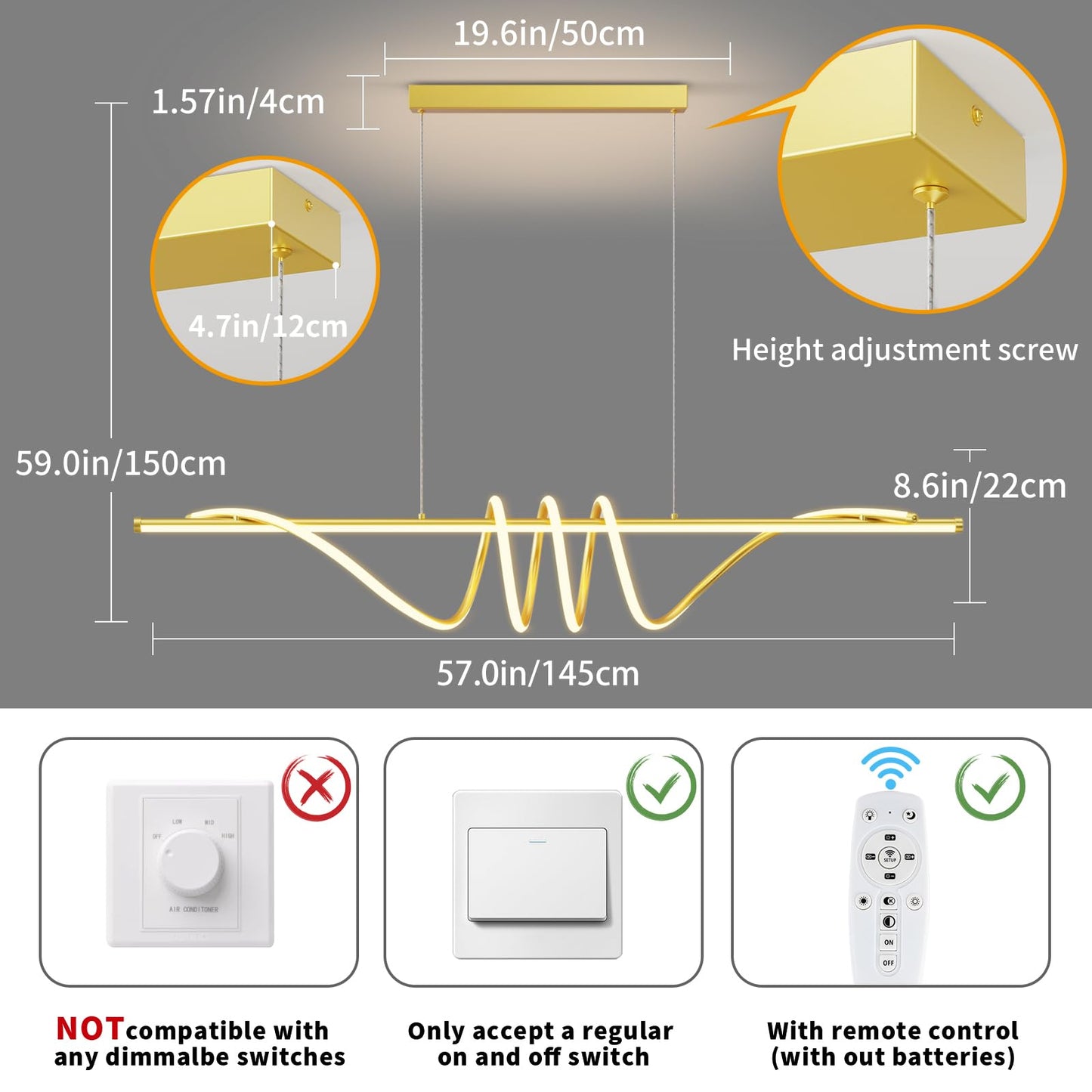 Modern LED Pendant Lights, 39in Chandelier Dimmable with Remote Control 3000k-6000K Adjustable Color Temperature, Aluminum Island Lighting Lamp Fixture for Kitchen, Dining Room, Billiard Room