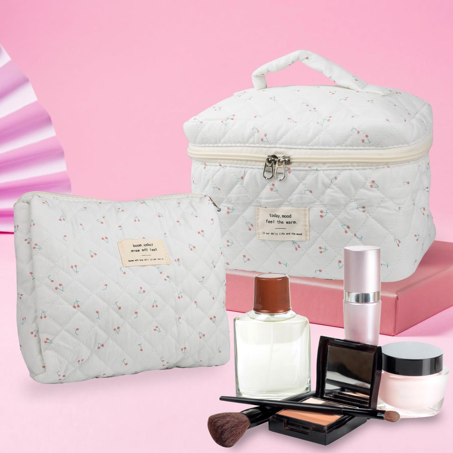 Cute Makeup Bag for Women(2 Pcs), Travel Cosmetic Bags, Quilted Coquette Aesthetic Floral Toiletry Organizer Bag (NavyBlue Flower)