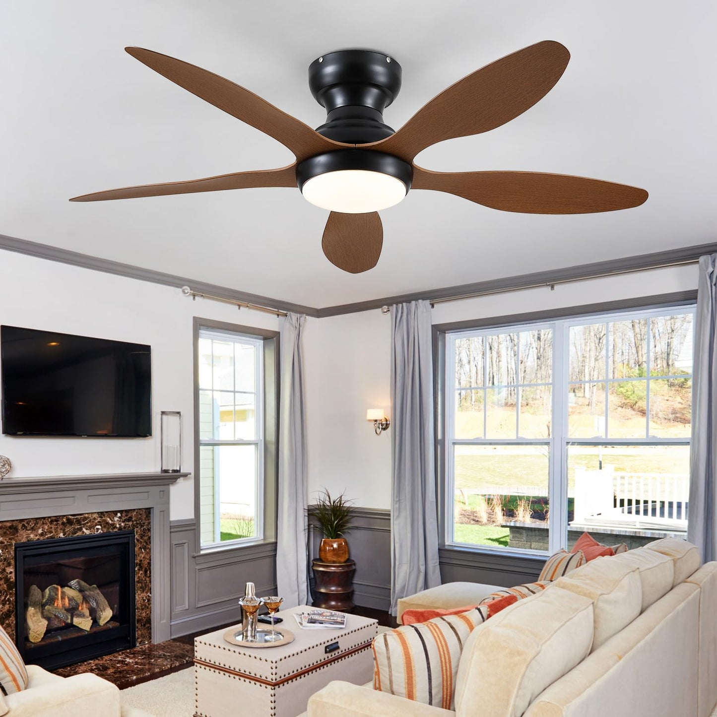 Ceiling Fans with Lights, 51 inch Modern Black Low Profile Ceiling Fan with Light and Remote App Control, Flush Mount, Quiet DC Reversible, Dim Led Ceiling Fan 6 Blade Softer Wind Indoor/Outdoor Patio