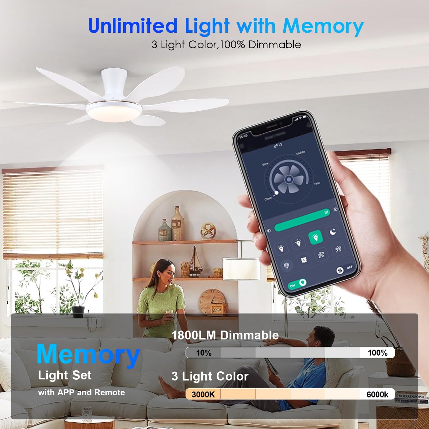 Ceiling Fans with Lights, 51 inch Modern Black Low Profile Ceiling Fan with Light and Remote App Control, Flush Mount, Quiet DC Reversible, Dim Led Ceiling Fan 6 Blade Softer Wind Indoor/Outdoor Patio