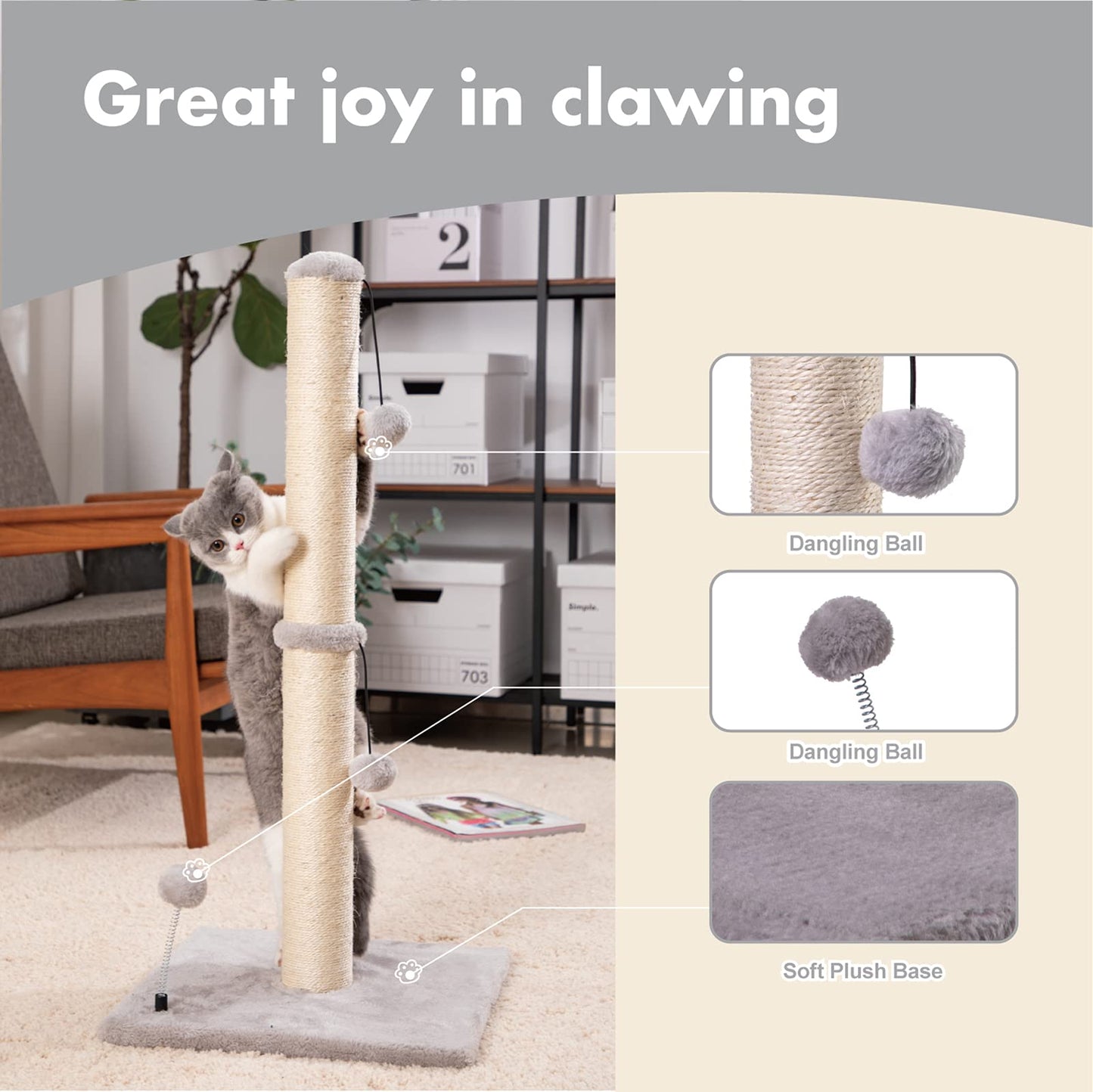 Cat Scratching Post Premium Basics Kitten Scratcher Sisal Scratch Posts with Hanging Ball 22in for Kittens or Smaller Cats (22 inches for Kitten, Beige)