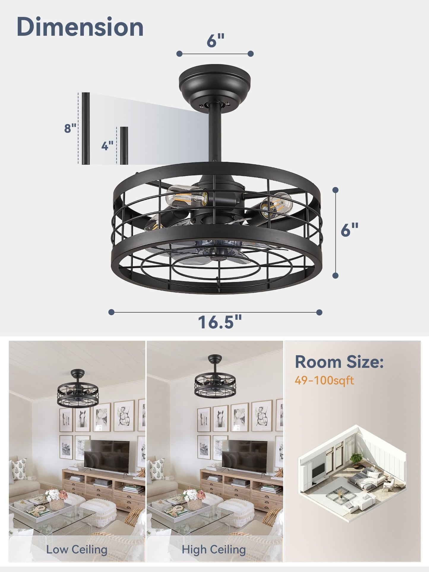 LEDIARY 16.5 inch Black Caged Ceiling Fan with Light, Fandelier Industrial Ceiling Fan with Remote, Farmhouse Fan Lights Ceiling Fixtures for Kitchen, Bedroom, Outdoor(6 Speed, Timing)-Black