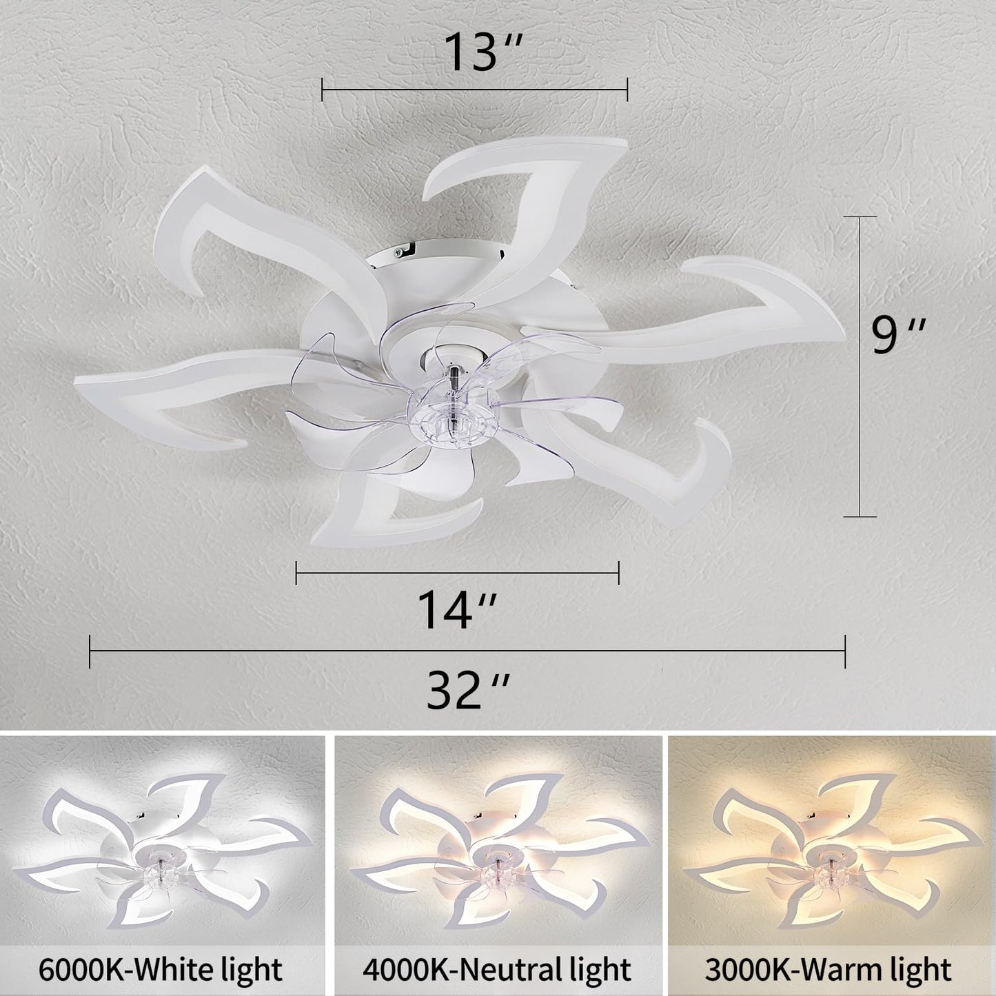 Ceiling Fan with Lights Remote Control, 24" Black, 6 Speeds 3 Light Color Low Profile Flush Mount Ceiling Fan for Kitchen Bedroom