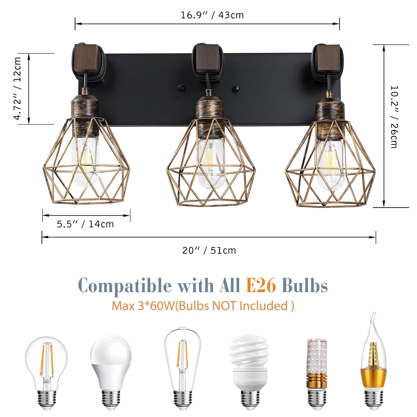 Farmhouse Vanity Light for Bathroom, 3-Light Wood Bathroom Vanity Light Fixtures Over Mirror, Rustic Sconces Wall Lighting with Metal Lampshade for Living Room, Bedroom, Hallway