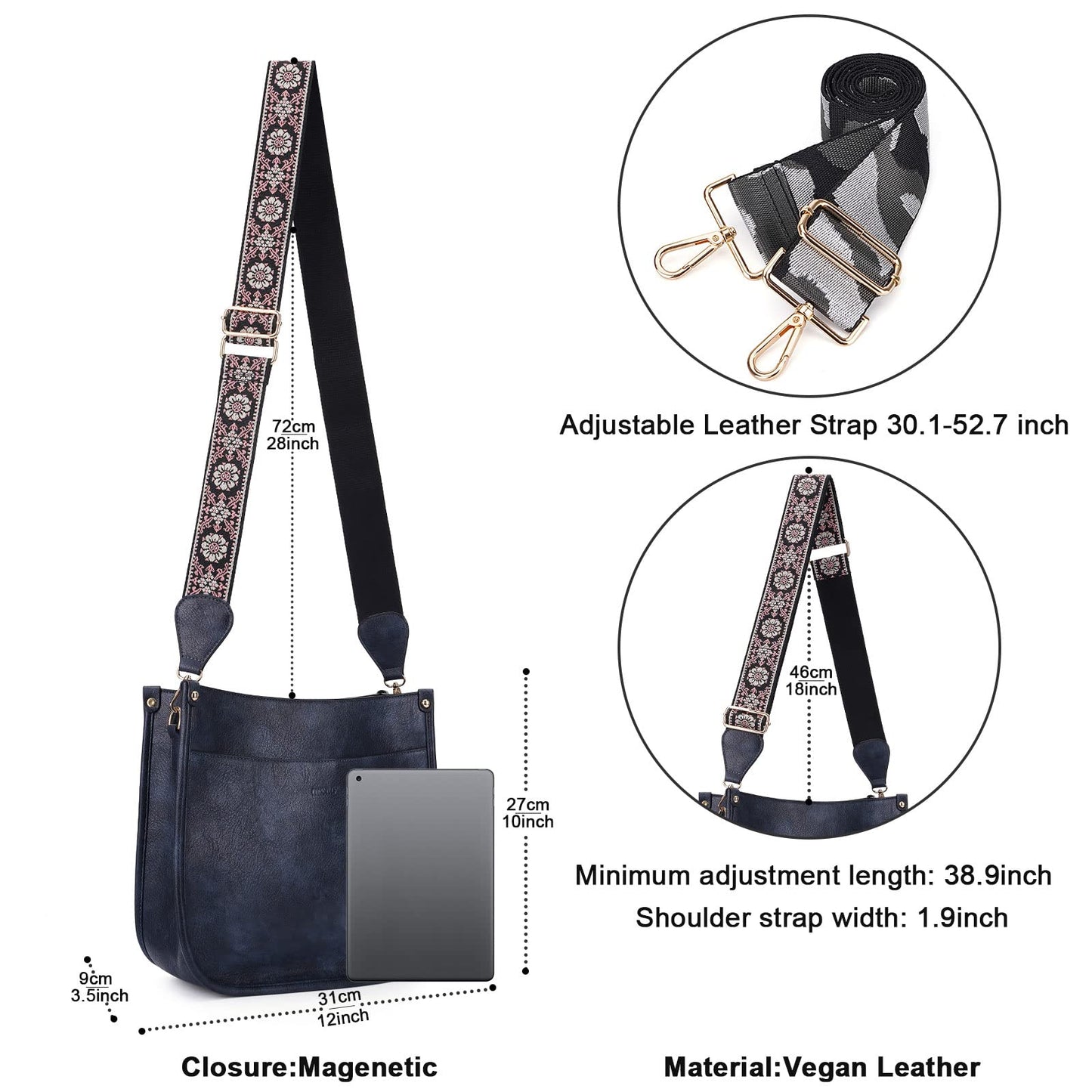 HKCLUF Crossbody Bags for Women Trendy Vegan Leather Hobo Handbags With 2PCS Adjustable Guitar Strap Shoulder Bucket Bags