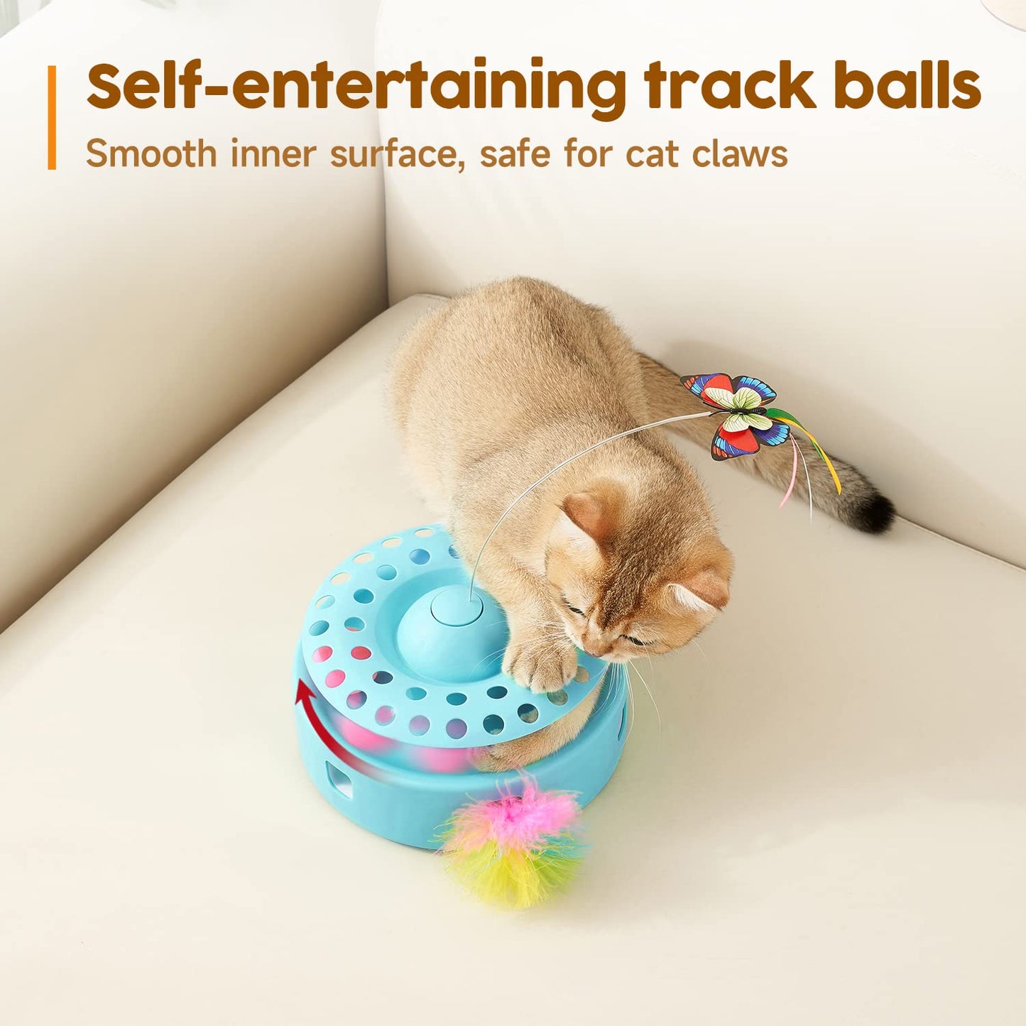 Potaroma Cat Toys 3in1 Automatic Interactive Kitten Toy, Fluttering Butterfly, Moving Ambush Feather, Track Balls, Dual Power Supplies, USB Powered, Indoor Exercise Kicker (Bright White)