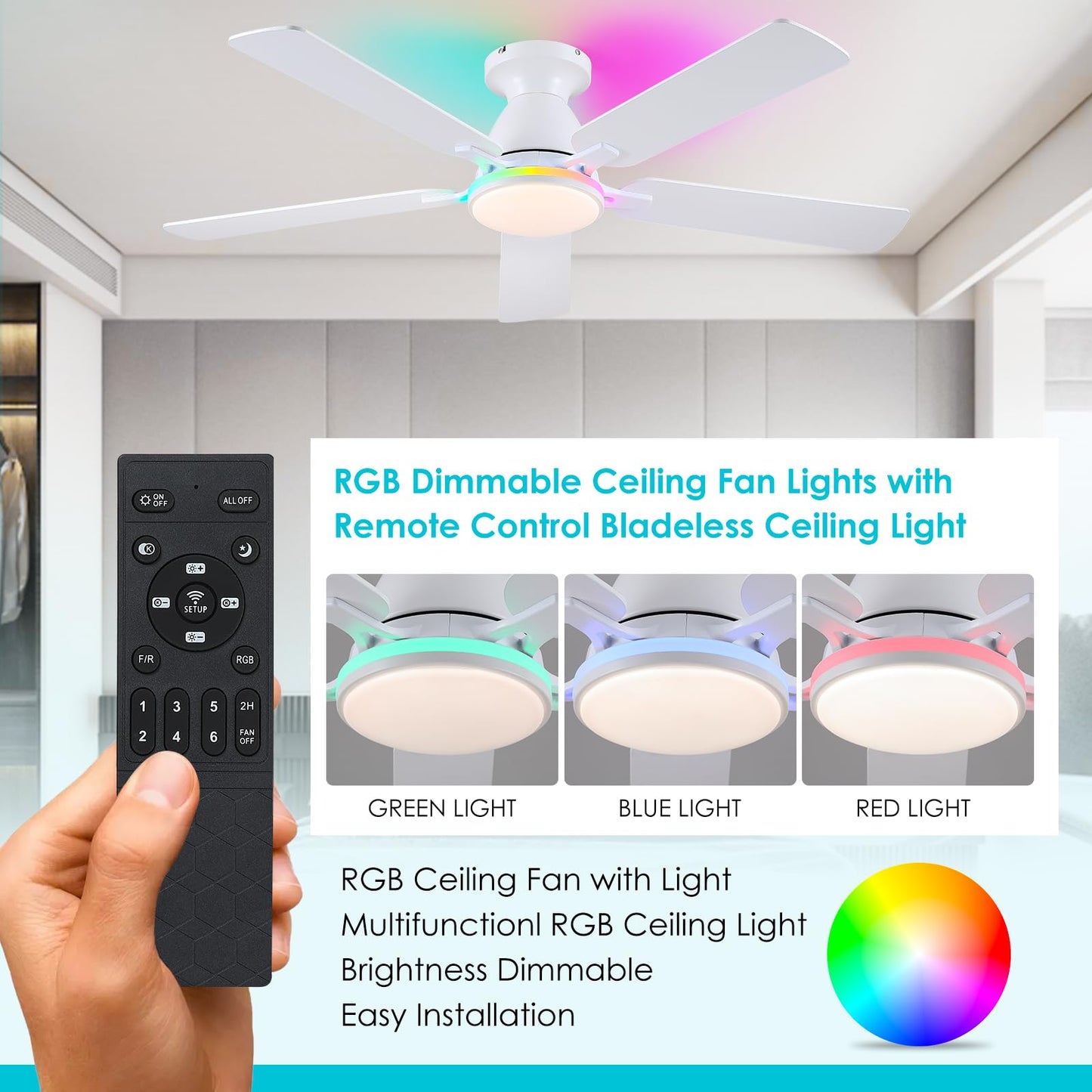 Ceiling Fans with Lights- 52" Low Profile Indoor Ceiling Fan with Light and Remote/APP Control, Flush Mount, LED Dimmable DC Reversible Modern Ceiling Fan for Bedroom(Black)