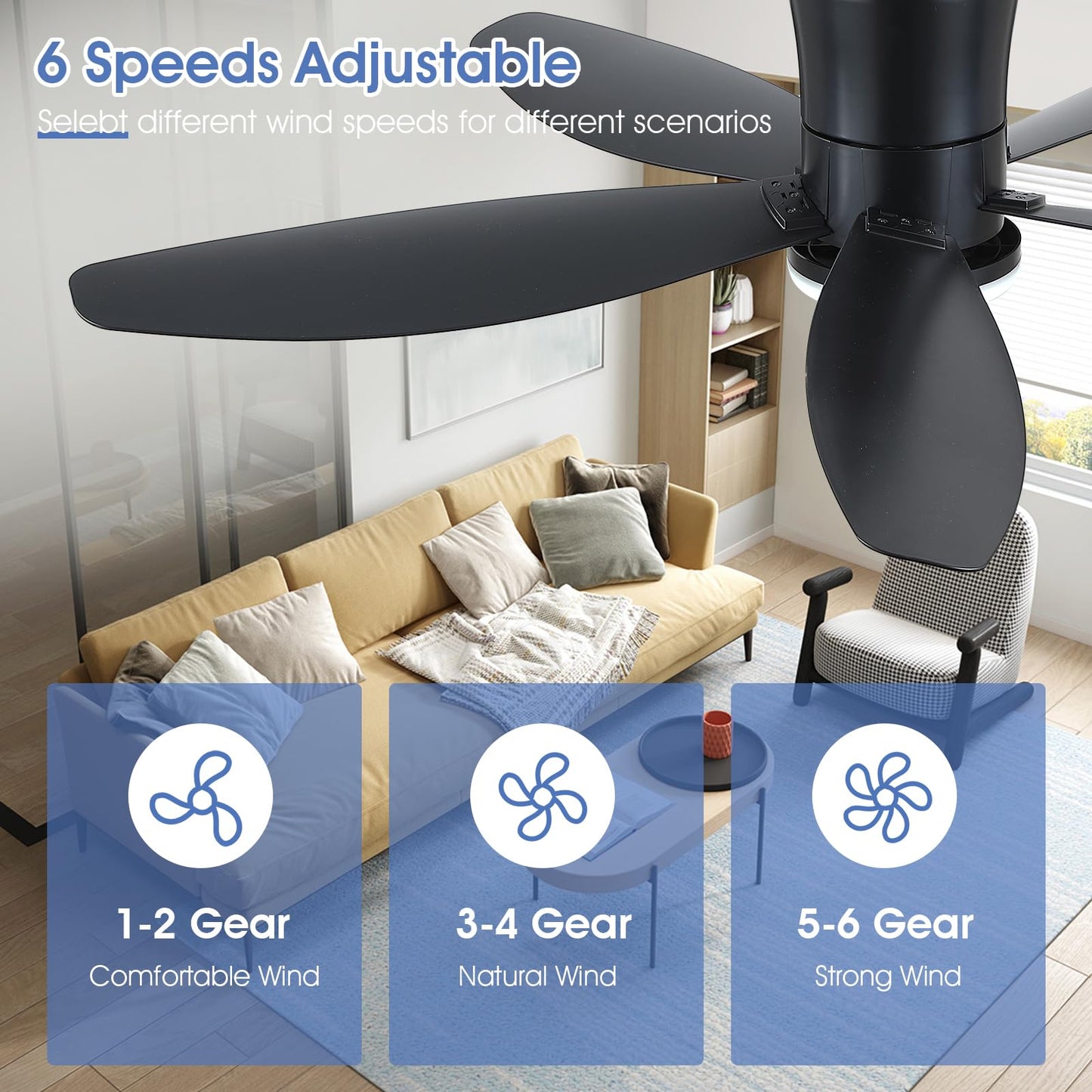 Ceiling Fans with Lights-36 Low Profile Ceiling Fan with Light and Remote/APP Control,Flush Mount,DC Reversible,LED Dimmable Blakc Ceiling Fans for Bedroom,Indoor/Outdoor Patio Use