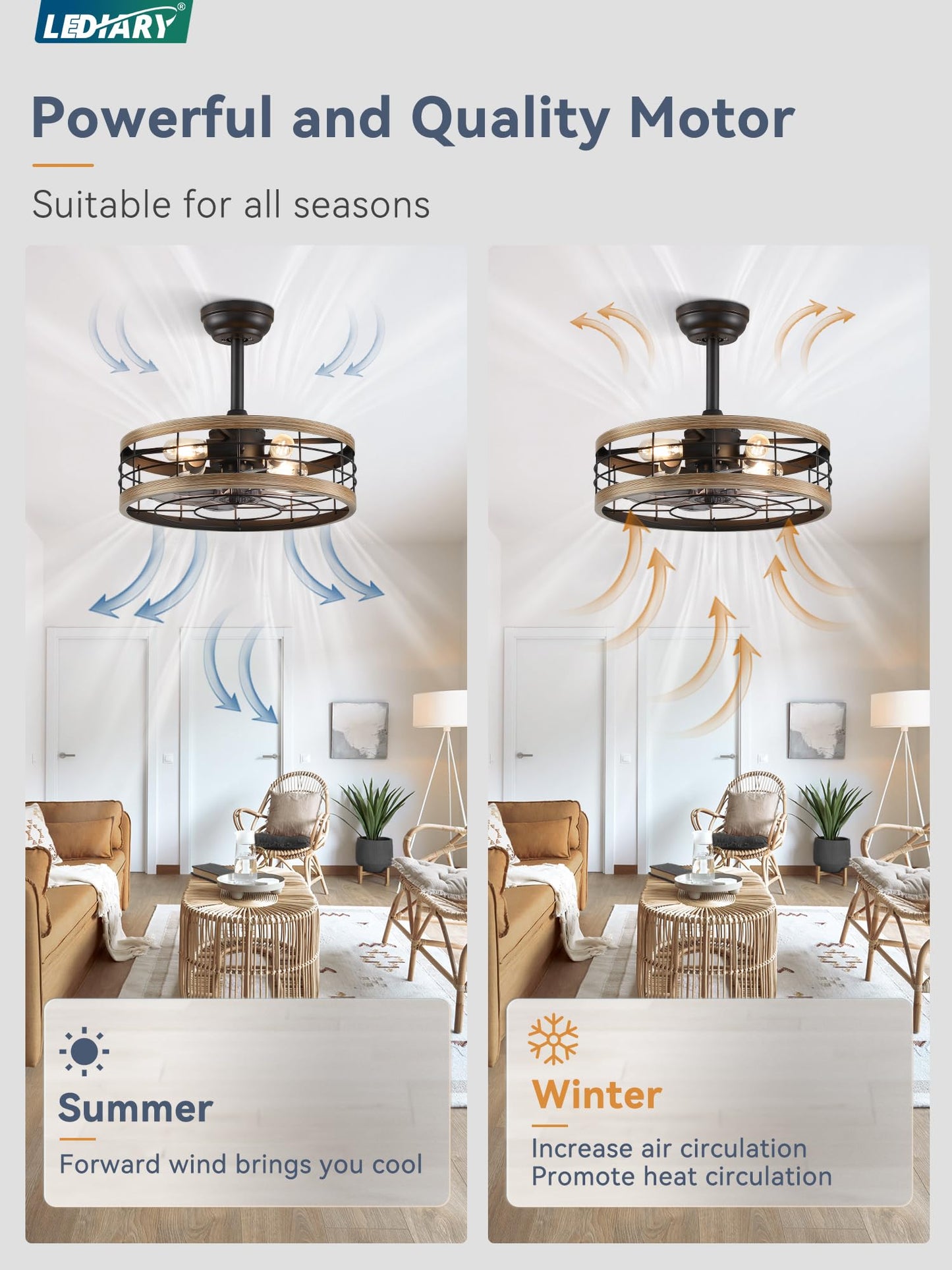 LEDIARY 16.5 inch Black Caged Ceiling Fan with Light, Fandelier Industrial Ceiling Fan with Remote, Farmhouse Fan Lights Ceiling Fixtures for Kitchen, Bedroom, Outdoor(6 Speed, Timing)-Black