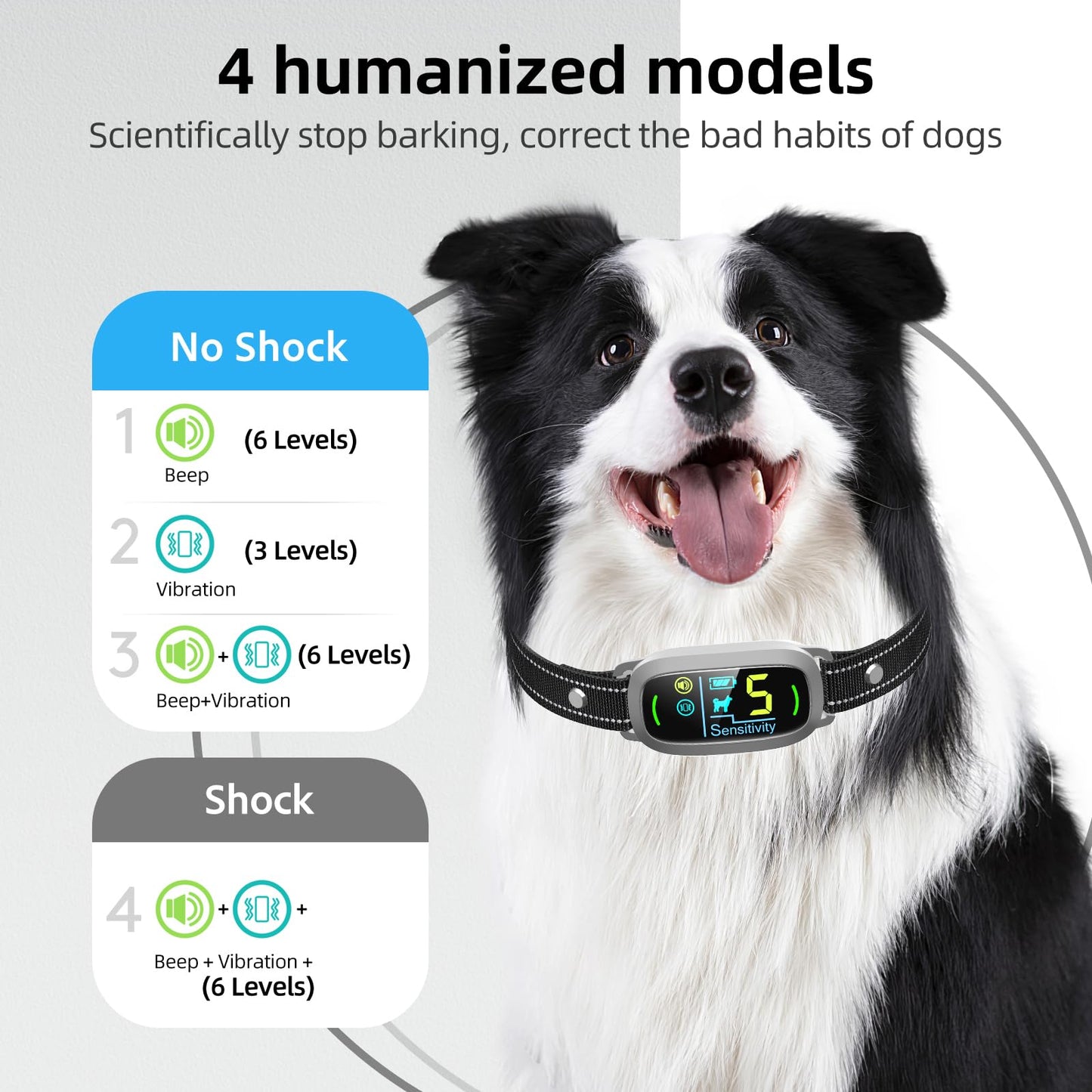 Dog Bark Collar for Large Medium Small Dogs, Rechargeable Smart Bark Collar, Anti Barking Training Collar with 5 Adjustable Sensitivity Beep Vibration (Black)