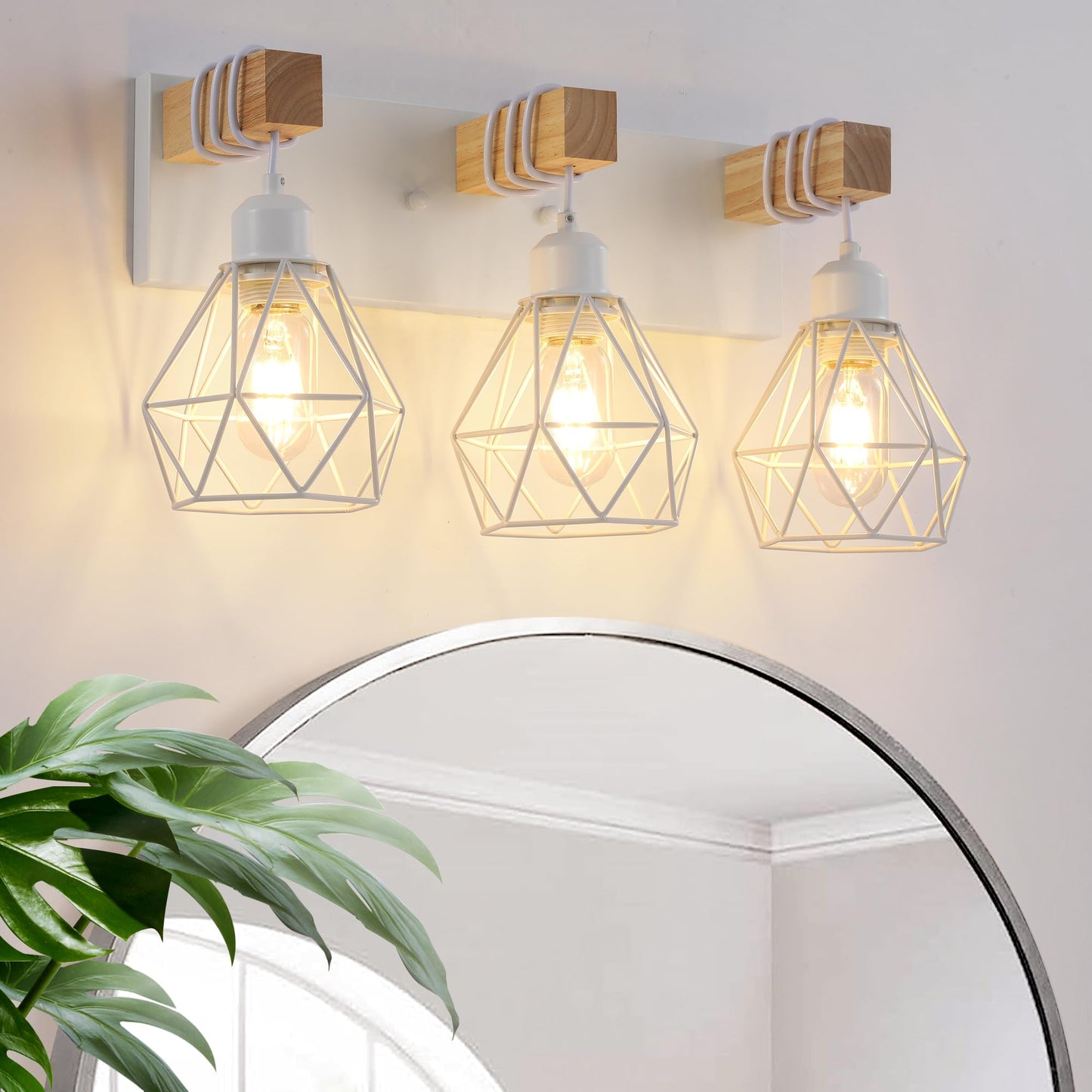 Farmhouse Vanity Light for Bathroom, 3-Light Wood Bathroom Vanity Light Fixtures Over Mirror, Rustic Sconces Wall Lighting with Metal Lampshade for Living Room, Bedroom, Hallway