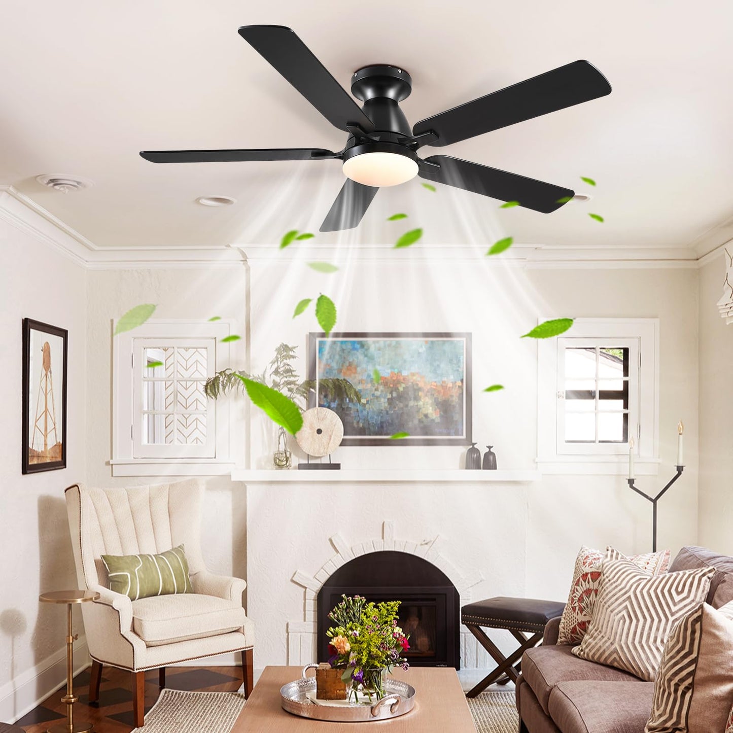 Ceiling Fans with Lights- 52" Low Profile Indoor Ceiling Fan with Light and Remote/APP Control, Flush Mount, LED Dimmable DC Reversible Modern Ceiling Fan for Bedroom(Black)