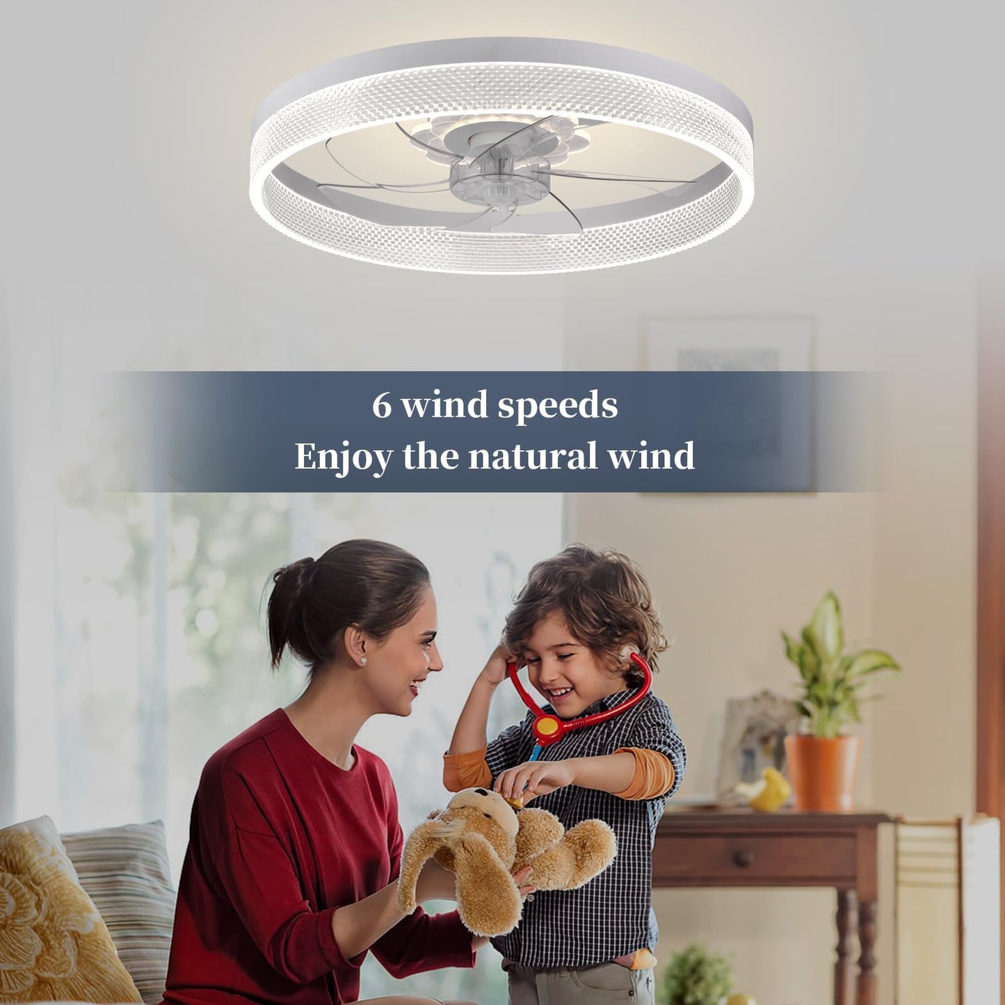 20‘’ Ceiling Fan with Light, Upgraded Low Profile Fan, Flush Mount Ceiling Fan, 6 Speeds, Dimmable LED, App & Remote Control, Quiet DC Motor, for Bedroom, Living Room, F115 White
