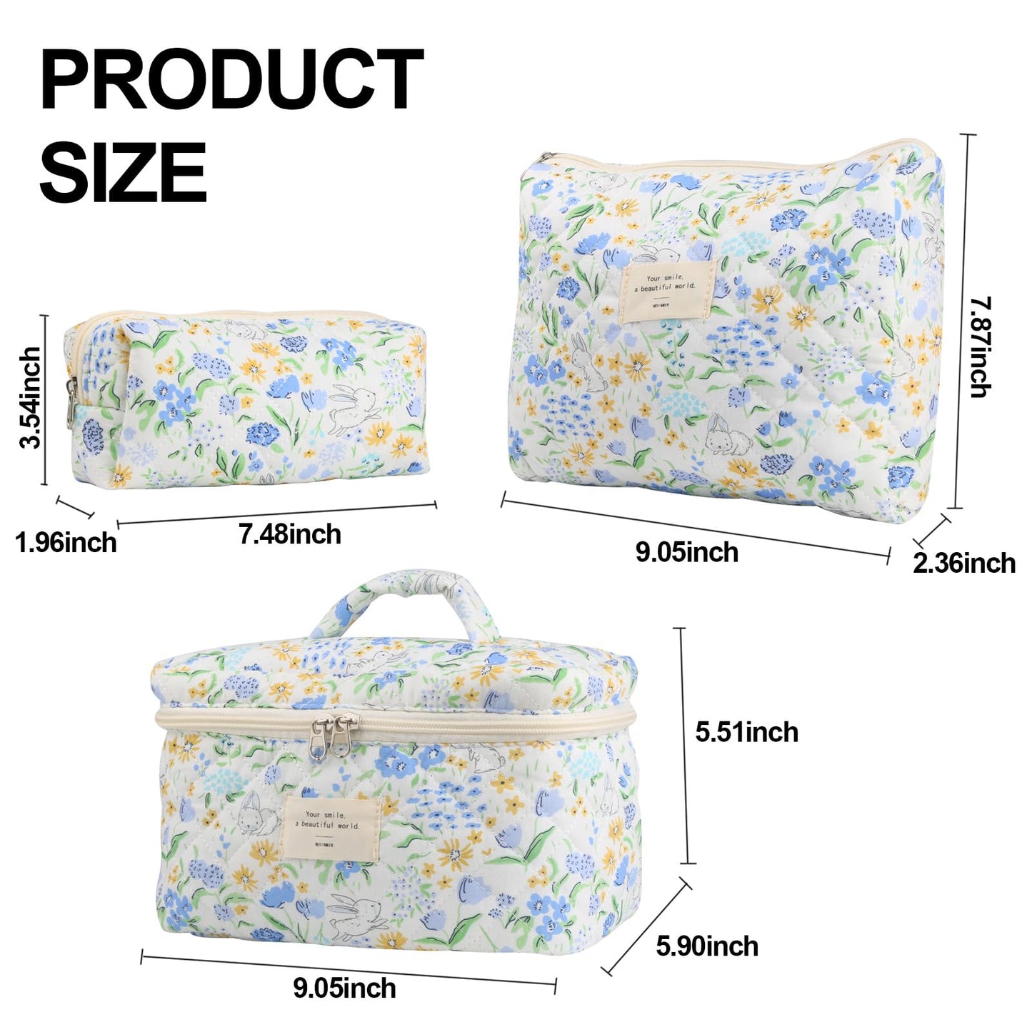 Cute Makeup Bag for Women(2 Pcs), Travel Cosmetic Bags, Quilted Coquette Aesthetic Floral Toiletry Organizer Bag (NavyBlue Flower)