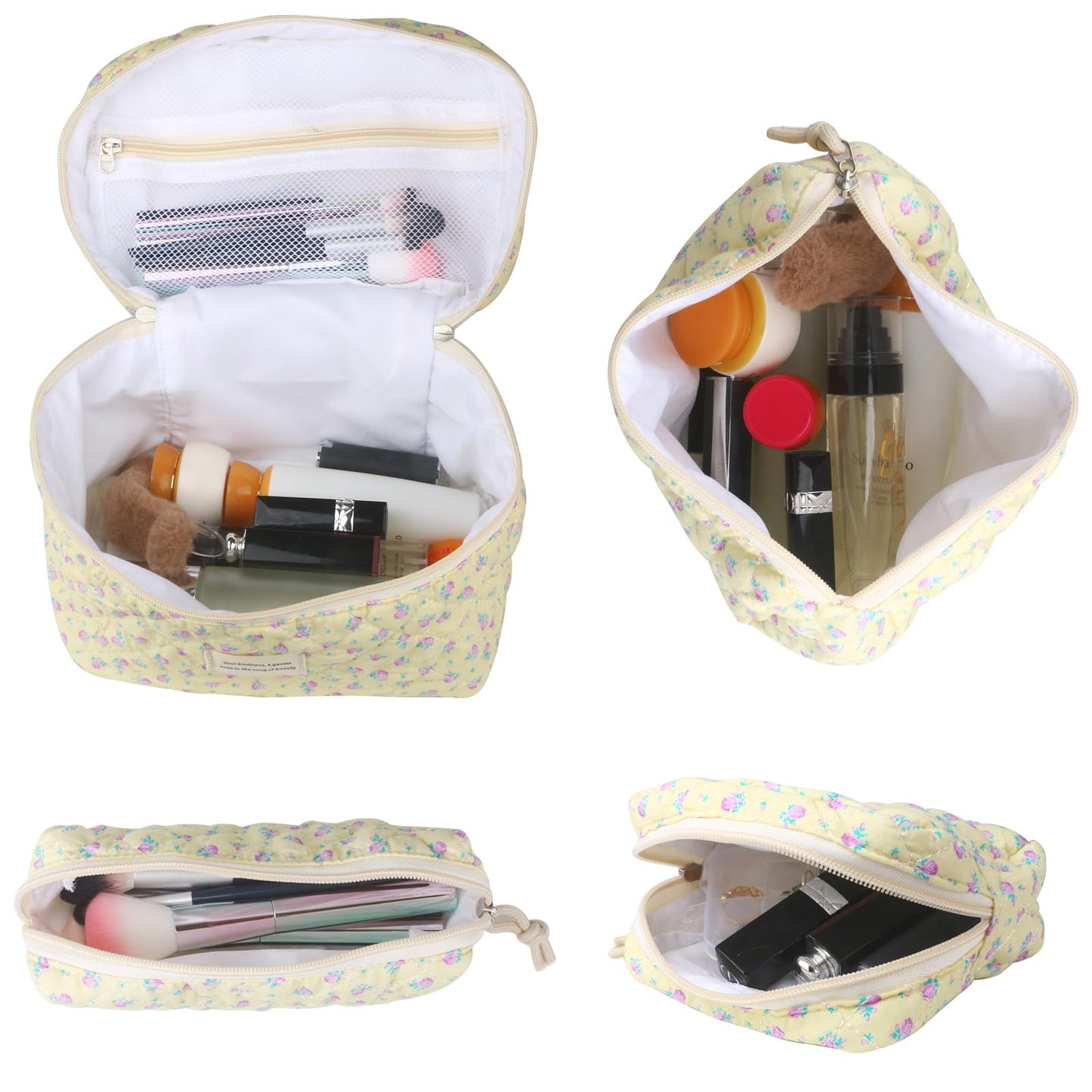 Cute Makeup Bag for Women(2 Pcs), Travel Cosmetic Bags, Quilted Coquette Aesthetic Floral Toiletry Organizer Bag (NavyBlue Flower)
