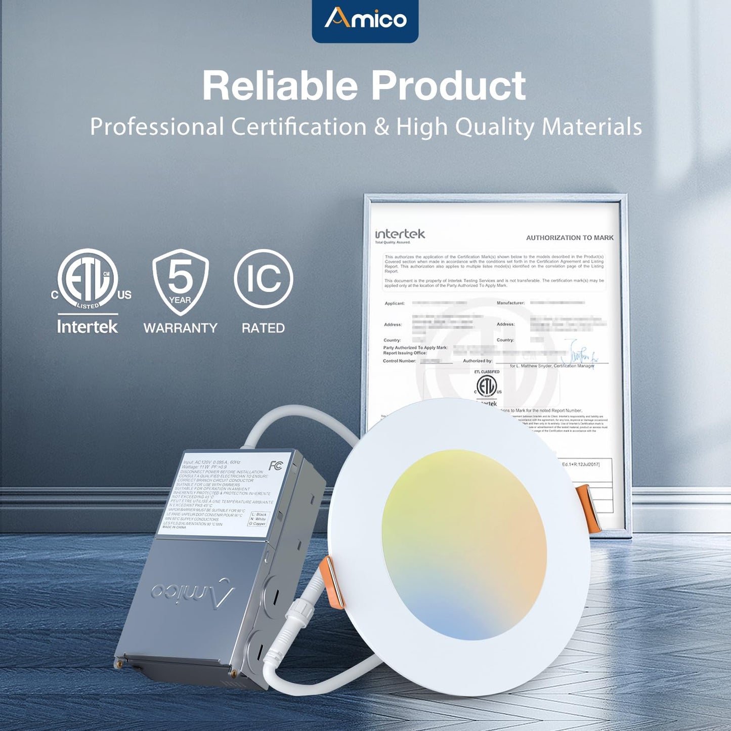Amico 12 Pack 6 Inch 5CCT Ultra-Thin LED Recessed Ceiling Light with Junction Box, 1050LM Brightness, Dimmable Canless Wafer Downlight, 12W, ETL&FCC