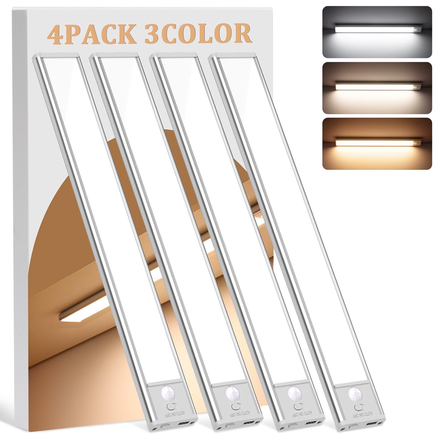 Under Cabinet Lighting Wireless, 4Pack Motion Sensor Light Indoor with 3 Color Temps, Dimmable Closet Lights Battery Operated, LED Magnetic Light, Rechargeable Under Counter Lights for Kitchen Home