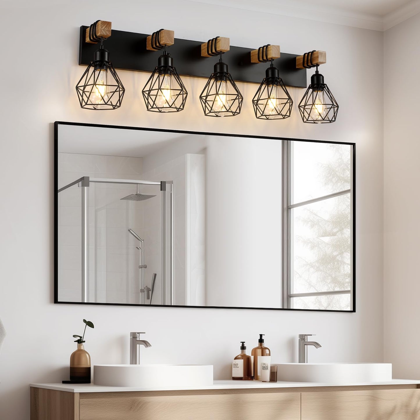 Farmhouse Vanity Light for Bathroom, 3-Light Wood Bathroom Vanity Light Fixtures Over Mirror, Rustic Sconces Wall Lighting with Metal Lampshade for Living Room, Bedroom, Hallway