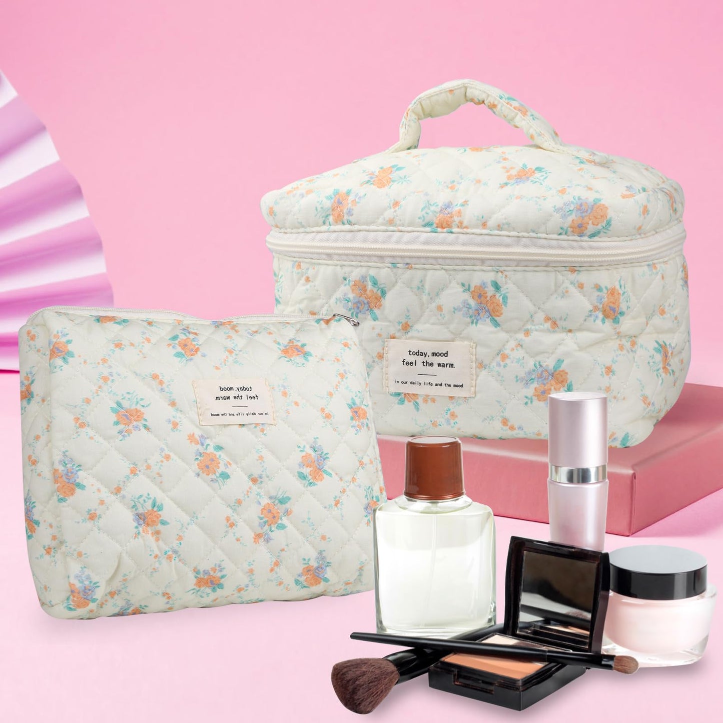 Cute Makeup Bag for Women(2 Pcs), Travel Cosmetic Bags, Quilted Coquette Aesthetic Floral Toiletry Organizer Bag (NavyBlue Flower)