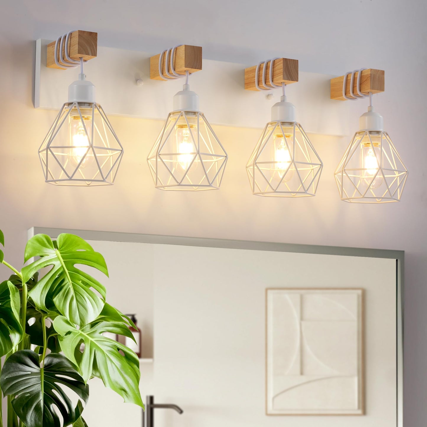 Farmhouse Vanity Light for Bathroom, 3-Light Wood Bathroom Vanity Light Fixtures Over Mirror, Rustic Sconces Wall Lighting with Metal Lampshade for Living Room, Bedroom, Hallway