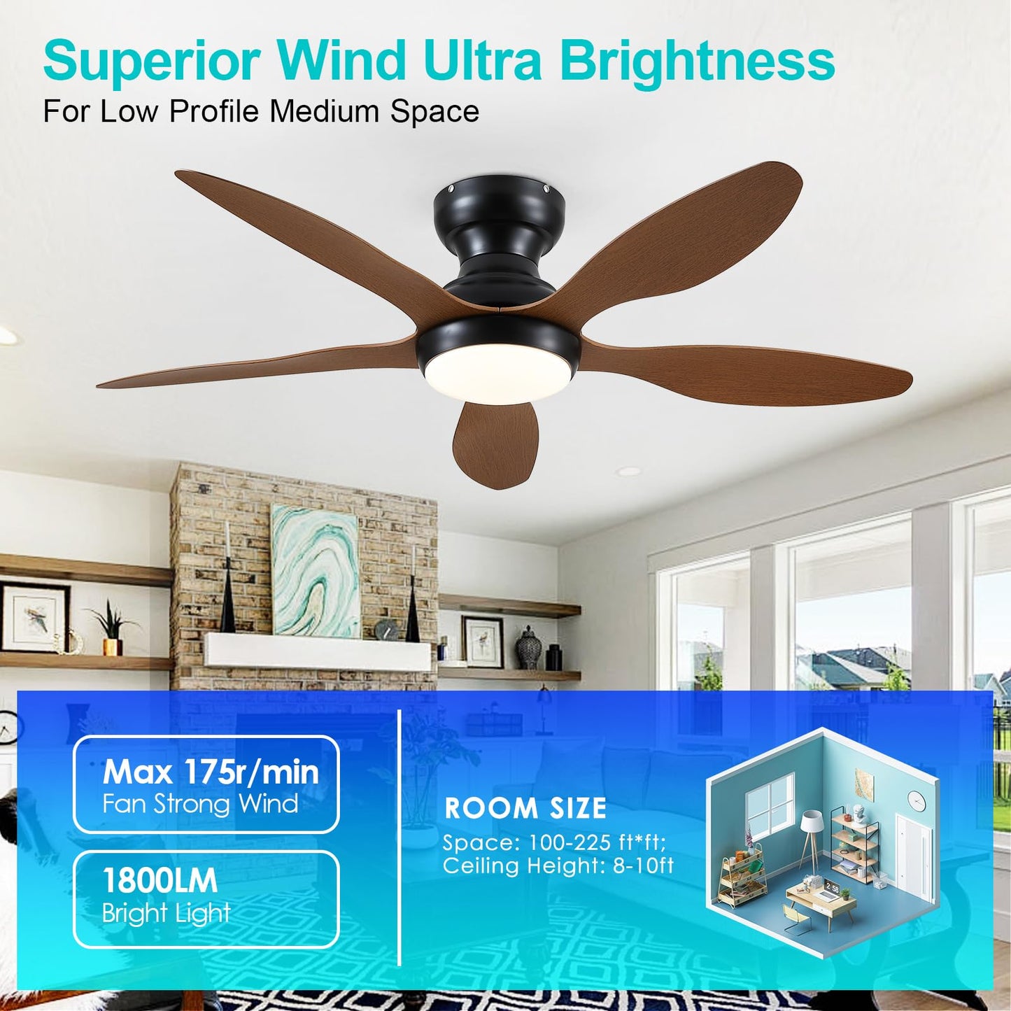 Ceiling Fans with Lights, 51 inch Modern Black Low Profile Ceiling Fan with Light and Remote App Control, Flush Mount, Quiet DC Reversible, Dim Led Ceiling Fan 6 Blade Softer Wind Indoor/Outdoor Patio