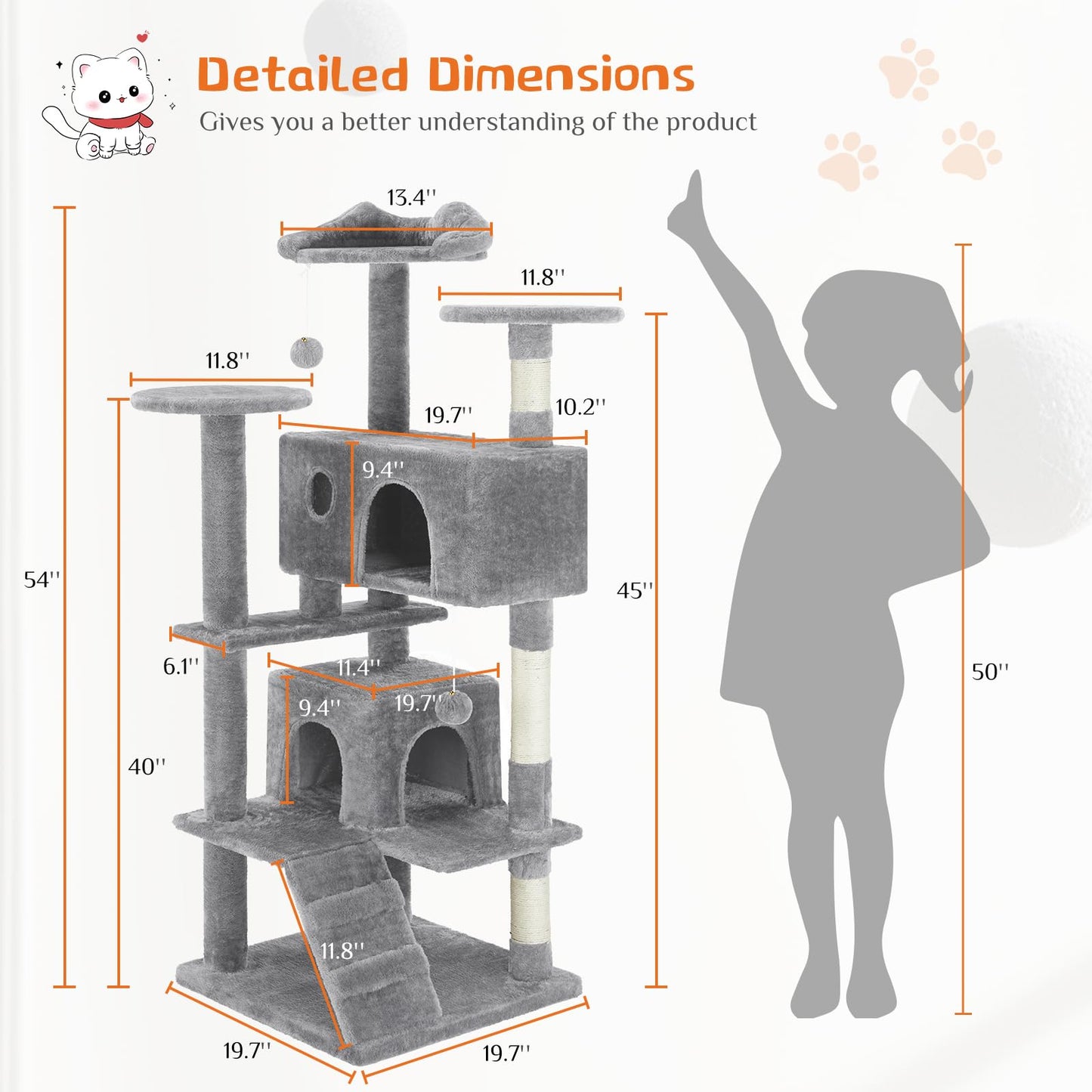 Sweetcrispy 54-Inch Cat Tree Tower – Multi-Level with Sisal Scratching Post, Perfect Pet Gift, Indoor Condo with Climbing Ladder, Plush Toy, and More Animal Stuff, Light Grey