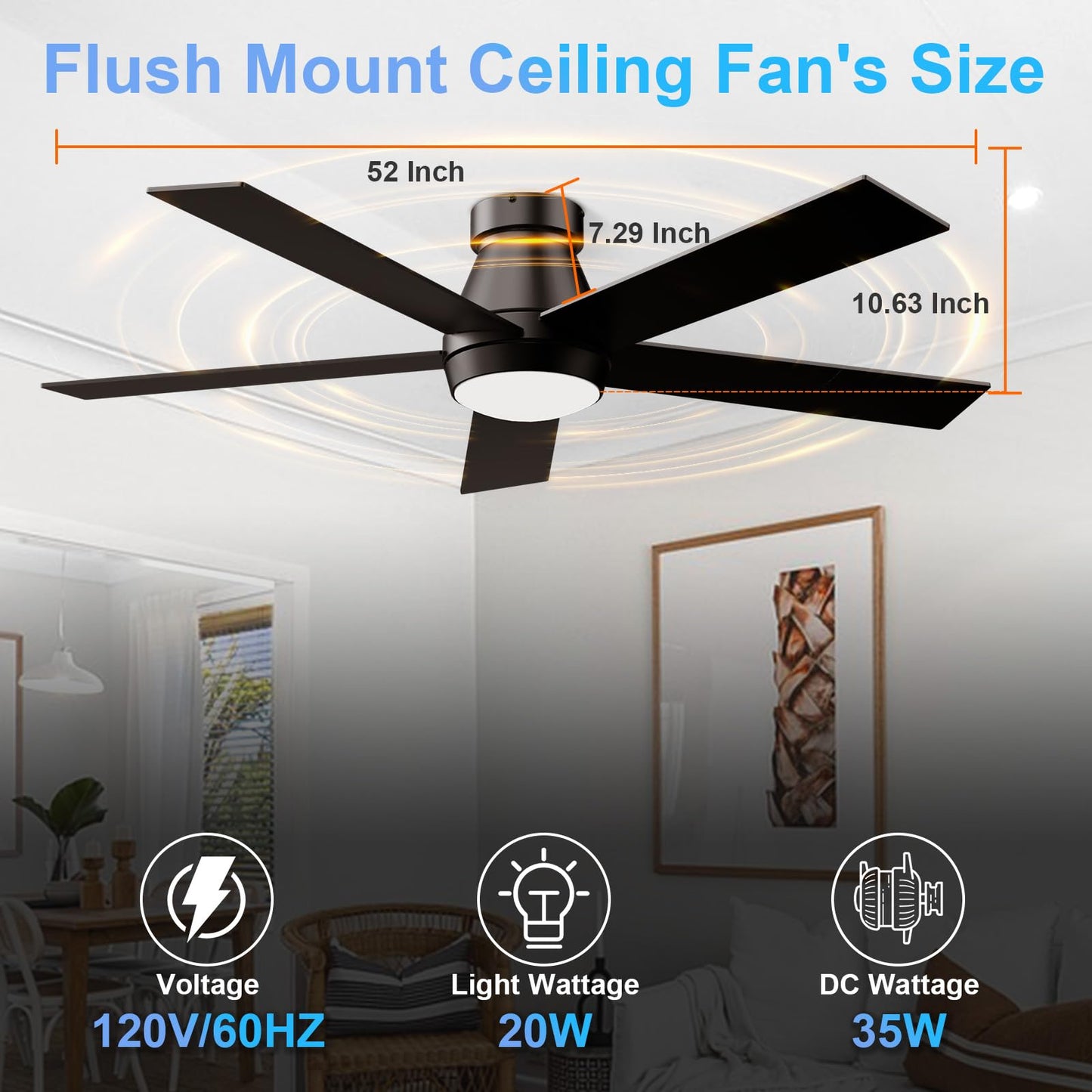 TCL 52" Ceiling Fan with Lights, Black Flush Mount Ceiling Fans with Remote Control, 6 Speeds DC Reversible, Dimmable, Noiseless, Low Profile