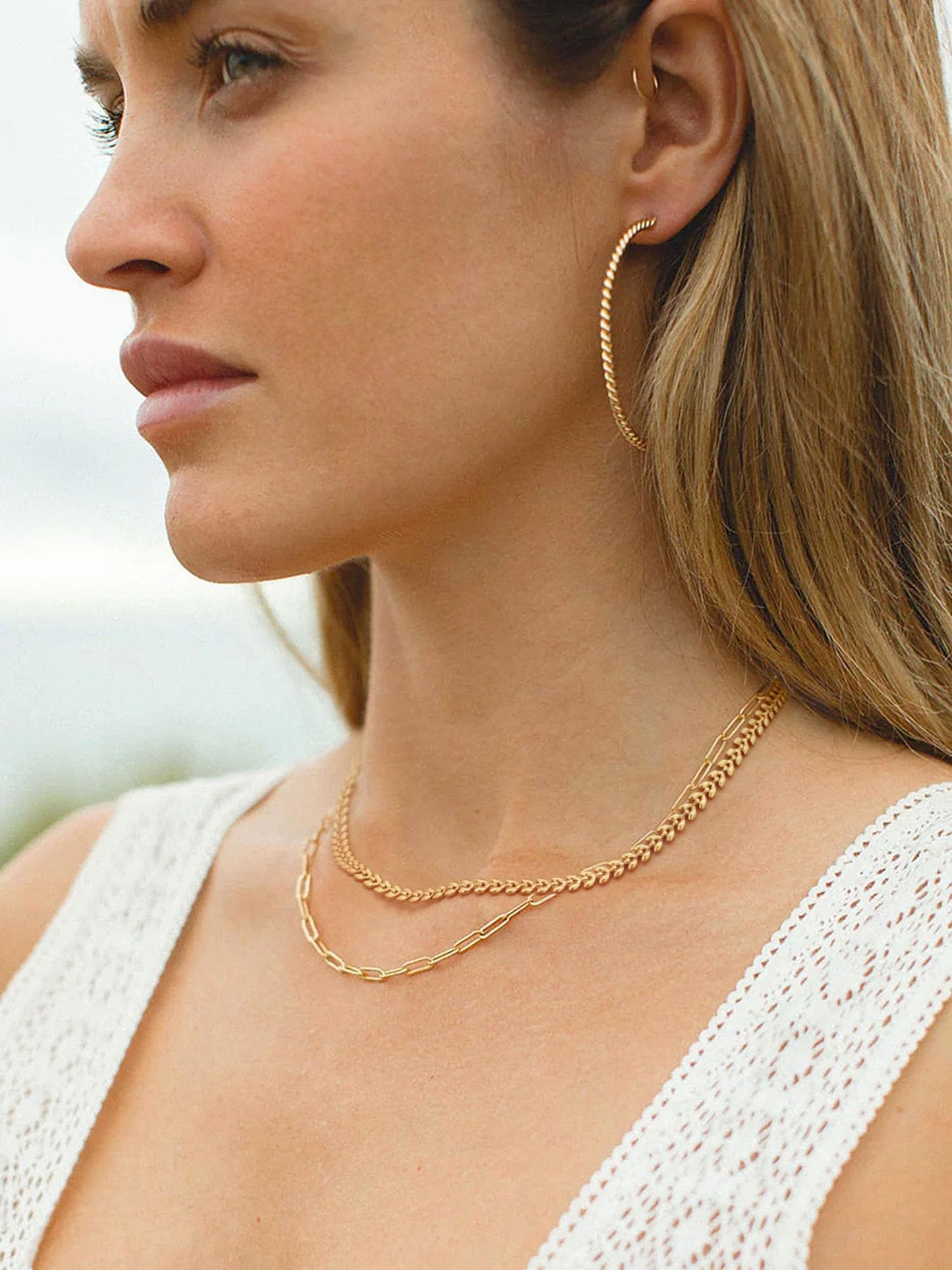 Aobei Pearl 18K Gold Paperclip Chain Choker Satellite Chain Biwa Pearl Pendant Necklace Dainty Jewelry for Women