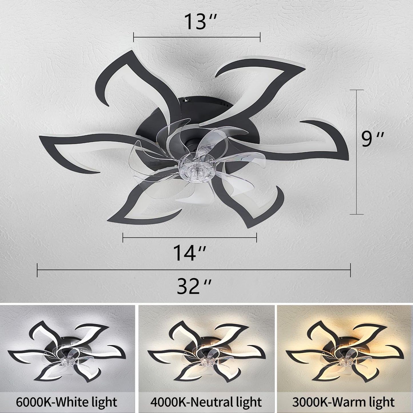 Ceiling Fan with Lights Remote Control, 24" Black, 6 Speeds 3 Light Color Low Profile Flush Mount Ceiling Fan for Kitchen Bedroom