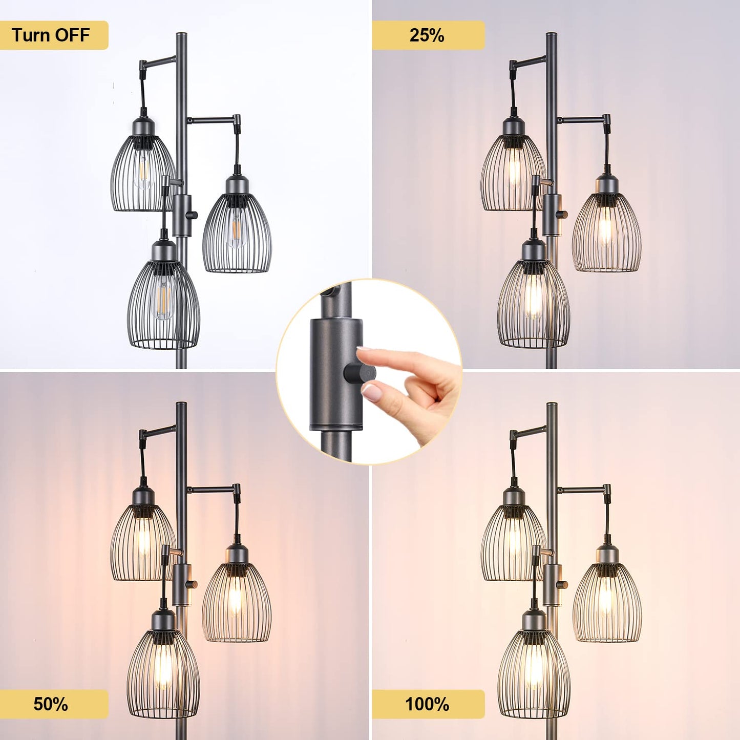 Dimmable Industrial Floor Lamps for Living Room, Gold Tree Standing Tall Lamps with 3 Elegant Teardrop Cage Head & 800 Lumens LED Bulbs for Bedroom Office