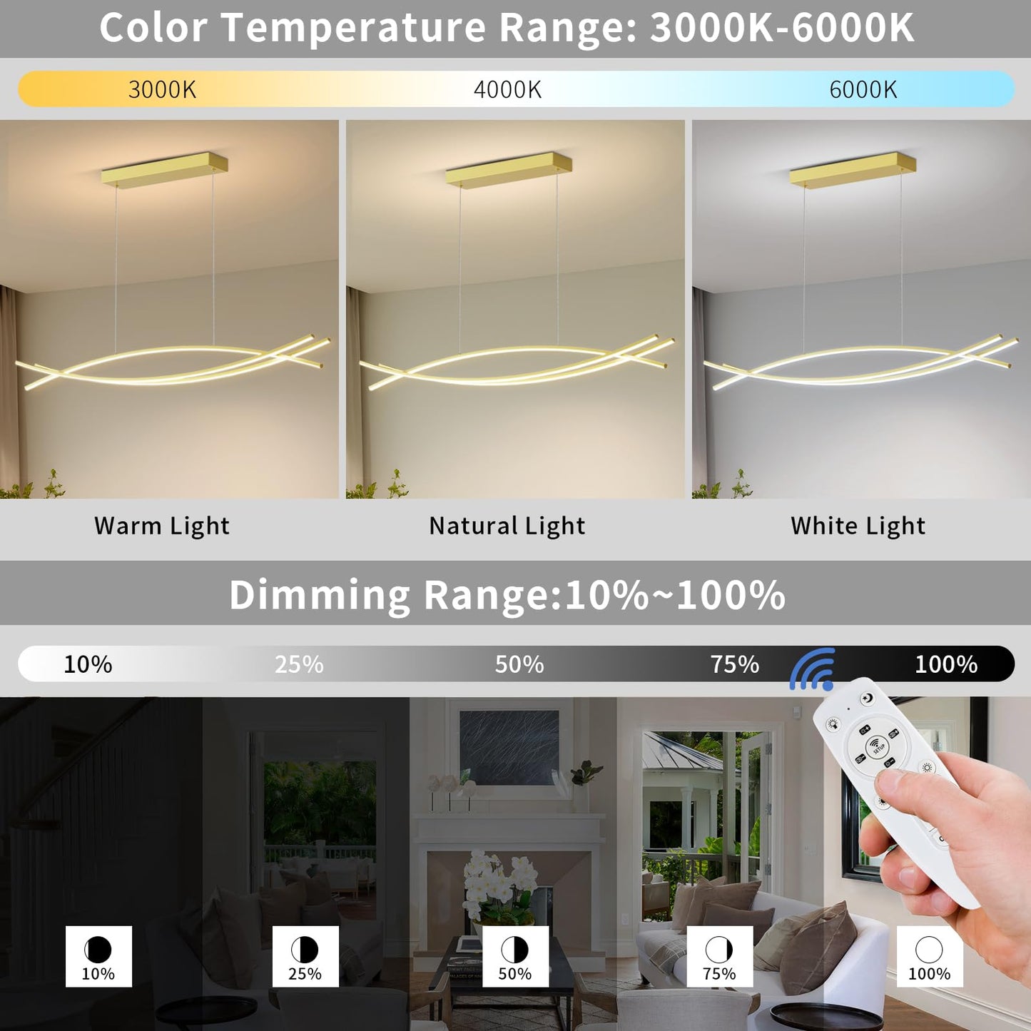 Modern LED Pendant Lights, 39in Chandelier Dimmable with Remote Control 3000k-6000K Adjustable Color Temperature, Aluminum Island Lighting Lamp Fixture for Kitchen, Dining Room, Billiard Room