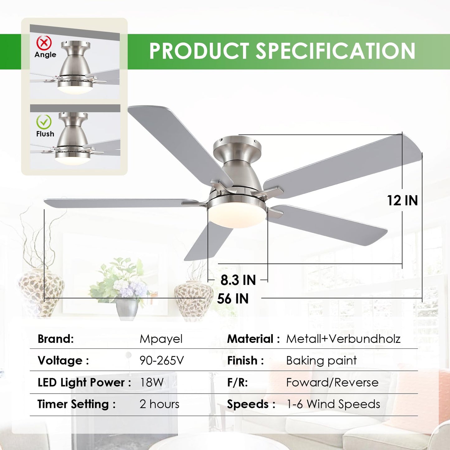 Ceiling Fans with Lights- 52" Low Profile Indoor Ceiling Fan with Light and Remote/APP Control, Flush Mount, LED Dimmable DC Reversible Modern Ceiling Fan for Bedroom(Black)