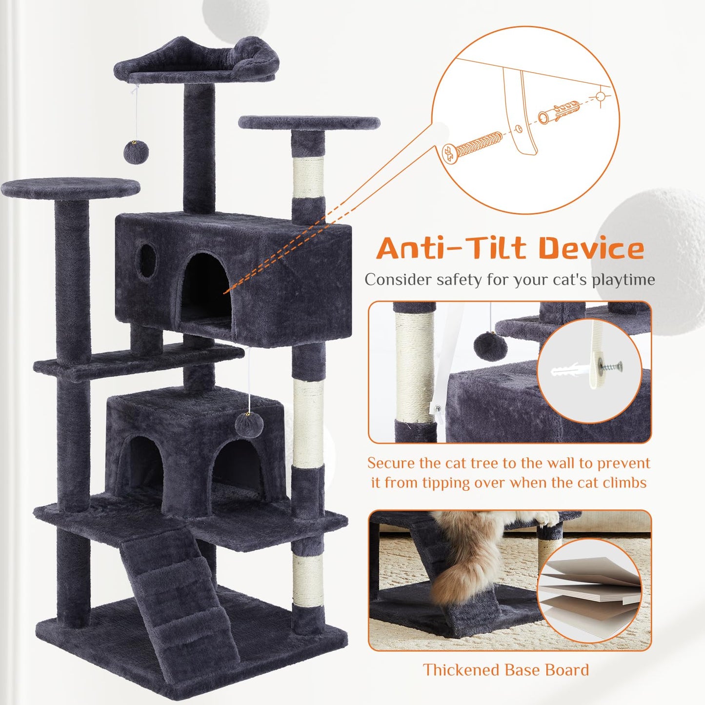 Sweetcrispy 54-Inch Cat Tree Tower – Multi-Level with Sisal Scratching Post, Perfect Pet Gift, Indoor Condo with Climbing Ladder, Plush Toy, and More Animal Stuff, Light Grey