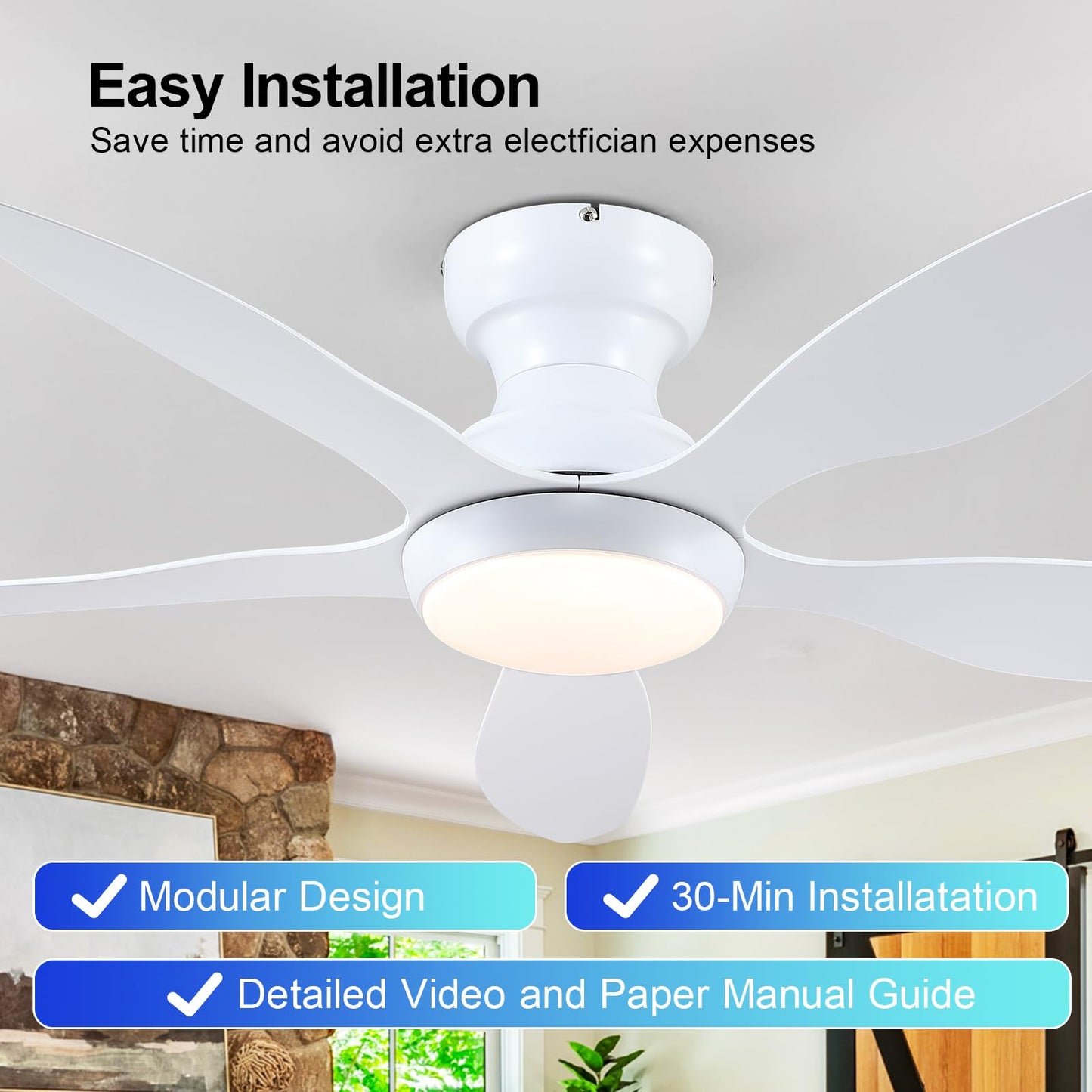 Ceiling Fans with Lights, 51 inch Modern Black Low Profile Ceiling Fan with Light and Remote App Control, Flush Mount, Quiet DC Reversible, Dim Led Ceiling Fan 6 Blade Softer Wind Indoor/Outdoor Patio