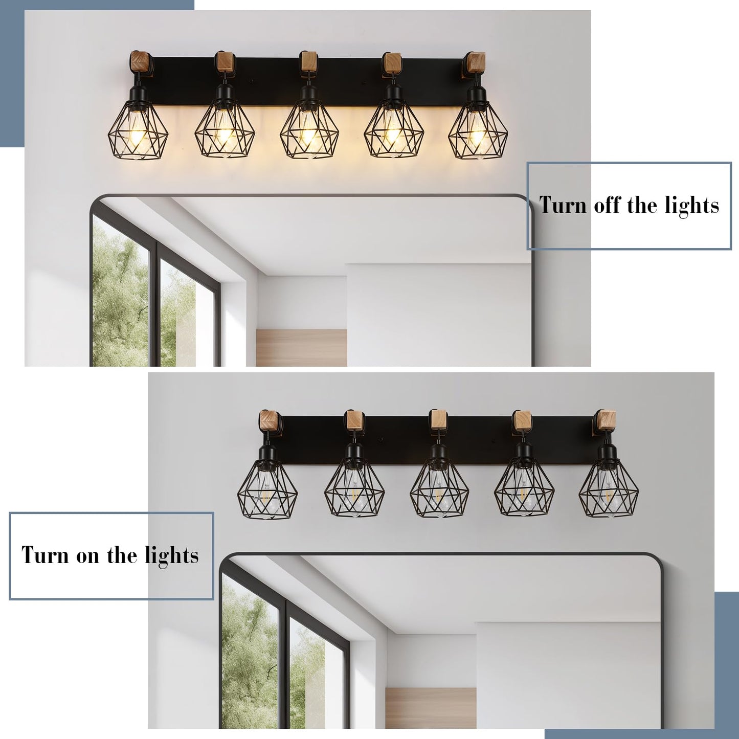 Farmhouse Vanity Light for Bathroom, 3-Light Wood Bathroom Vanity Light Fixtures Over Mirror, Rustic Sconces Wall Lighting with Metal Lampshade for Living Room, Bedroom, Hallway