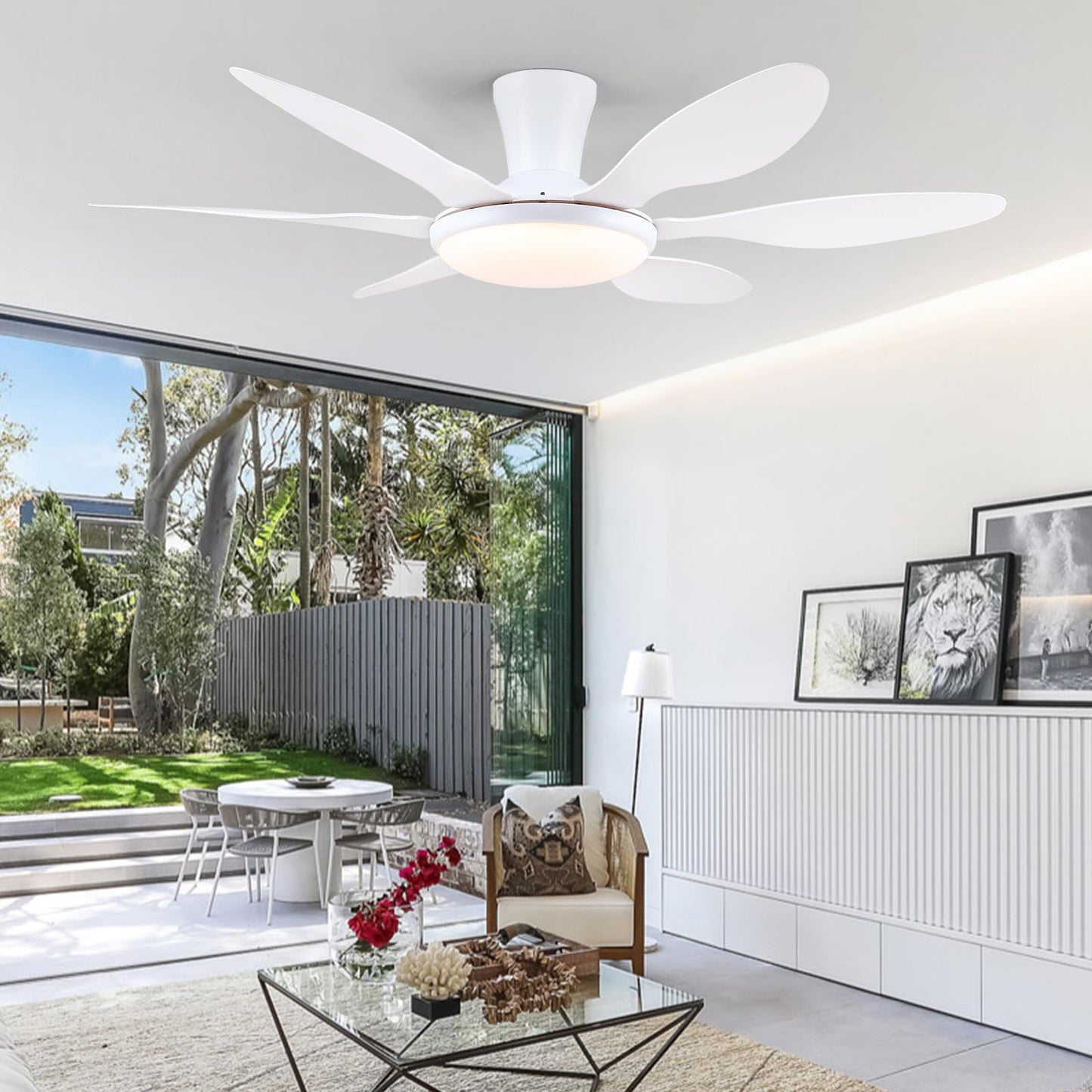 Ceiling Fans with Lights, 51 inch Modern Black Low Profile Ceiling Fan with Light and Remote App Control, Flush Mount, Quiet DC Reversible, Dim Led Ceiling Fan 6 Blade Softer Wind Indoor/Outdoor Patio