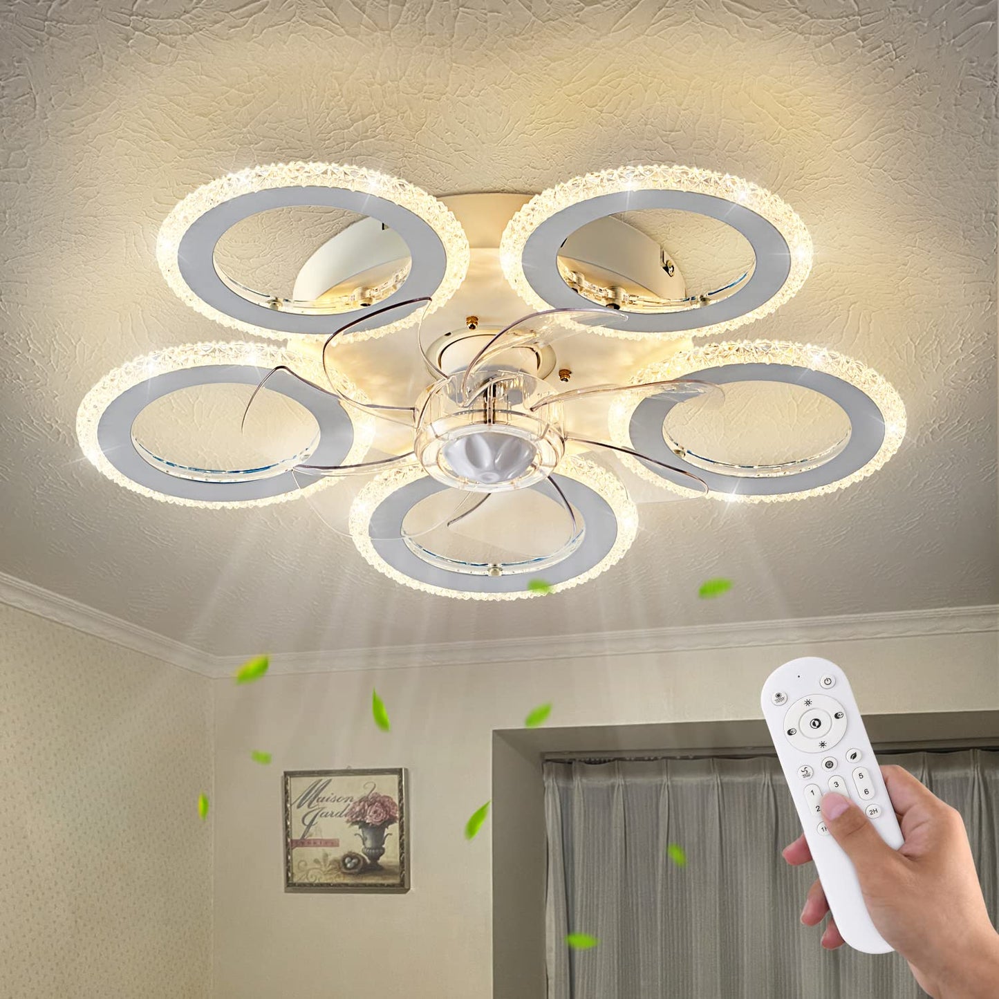 Ceiling Fan with Lights Remote Control, 24" Black, 6 Speeds 3 Light Color Low Profile Flush Mount Ceiling Fan for Kitchen Bedroom