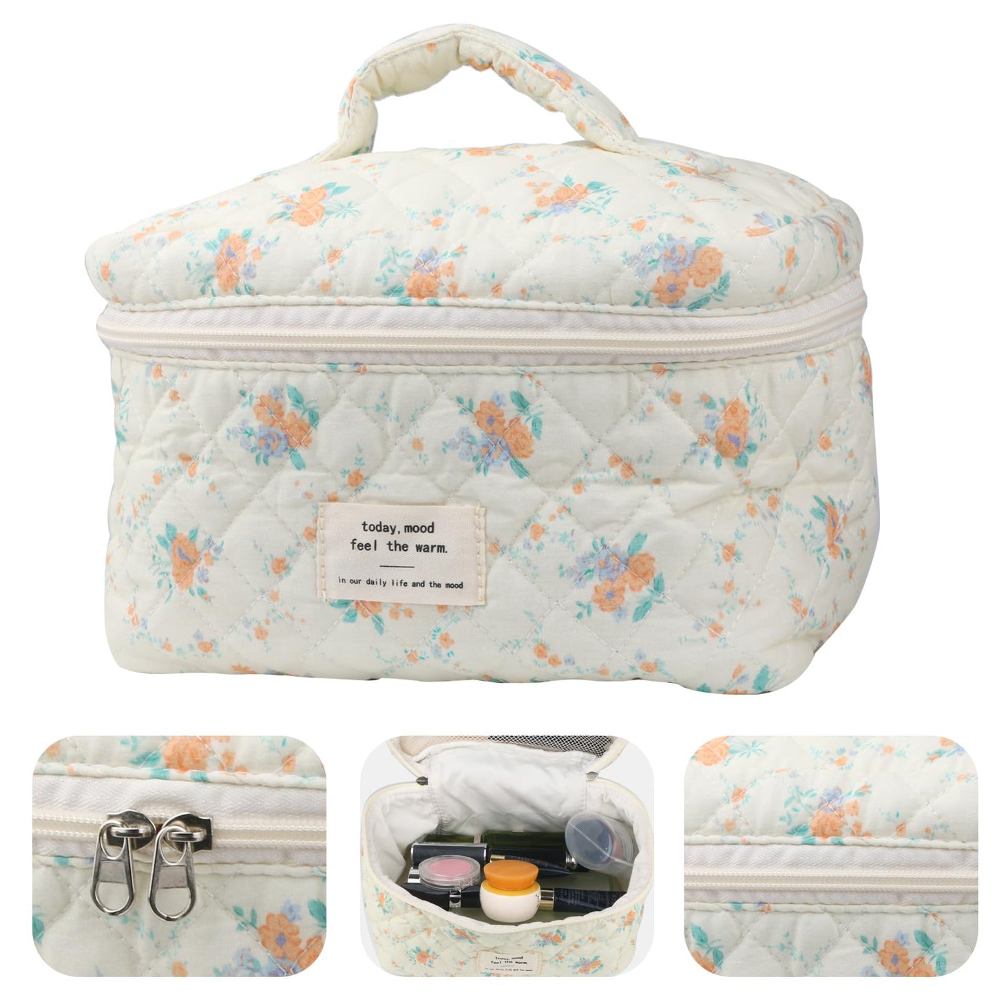Cute Makeup Bag for Women(2 Pcs), Travel Cosmetic Bags, Quilted Coquette Aesthetic Floral Toiletry Organizer Bag (NavyBlue Flower)